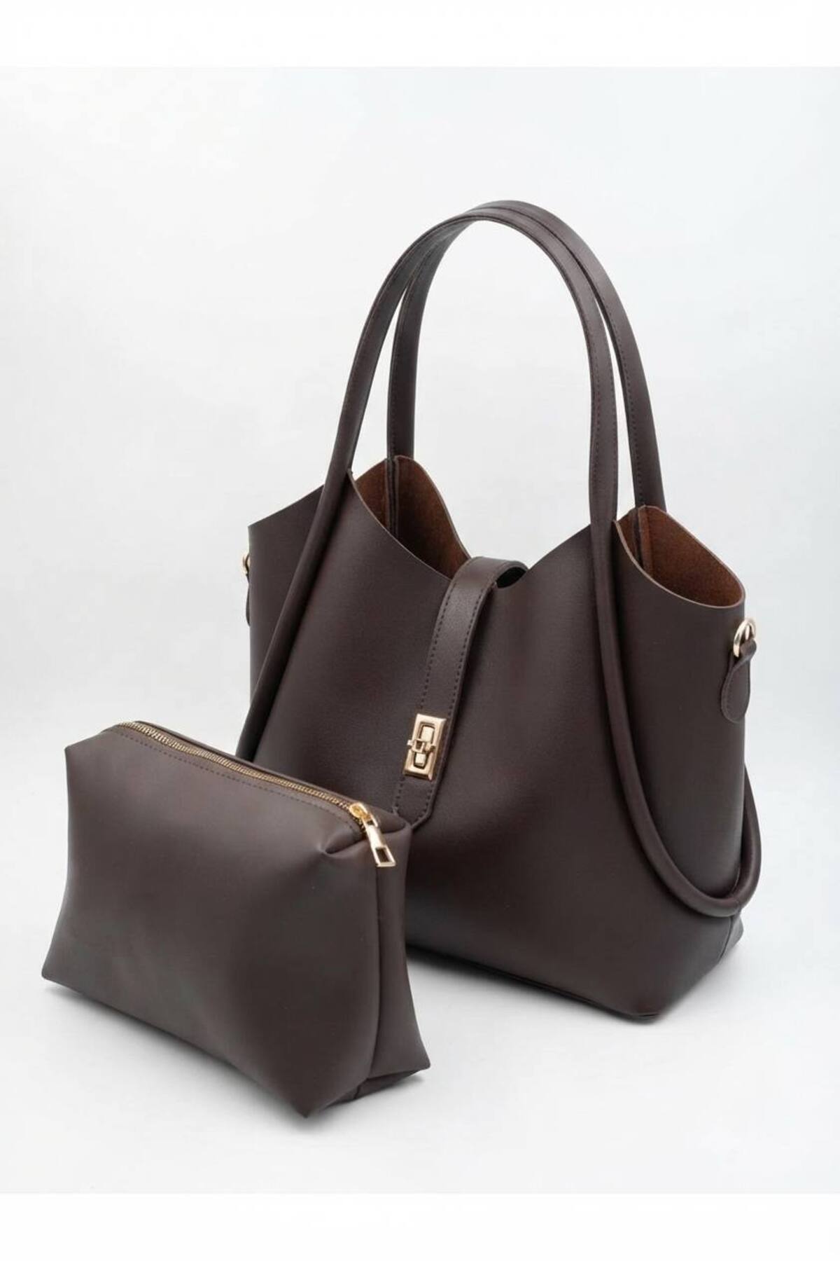 Dark Brown SİMSON Women's Handbag and Crossbody Bag with Lock Detail and Makeup Pouch görünüm 5