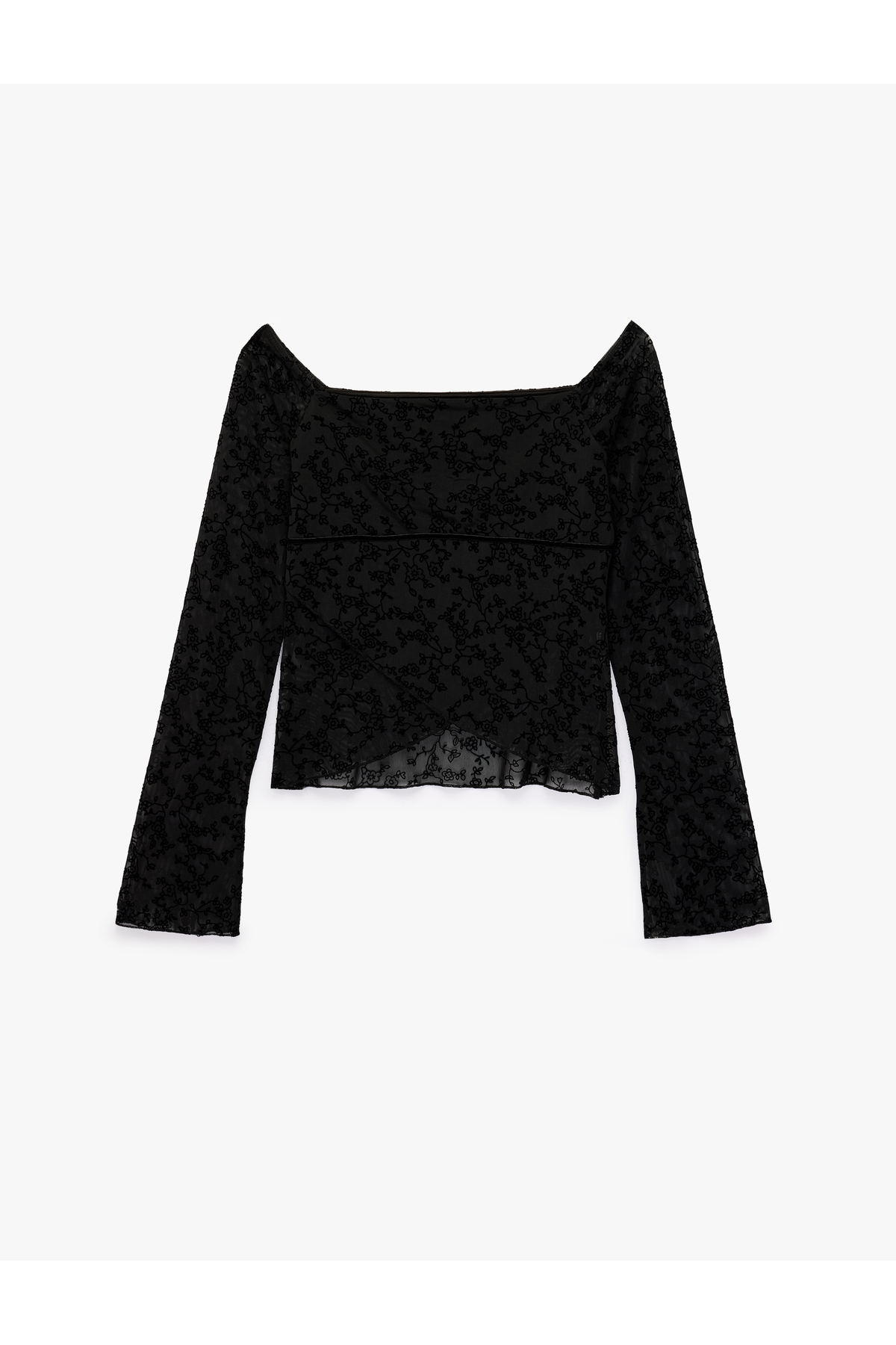 Koton Long Sleeve Off-Shoulder Asymmetrical Lace Embroidered Tulle T-Shirt