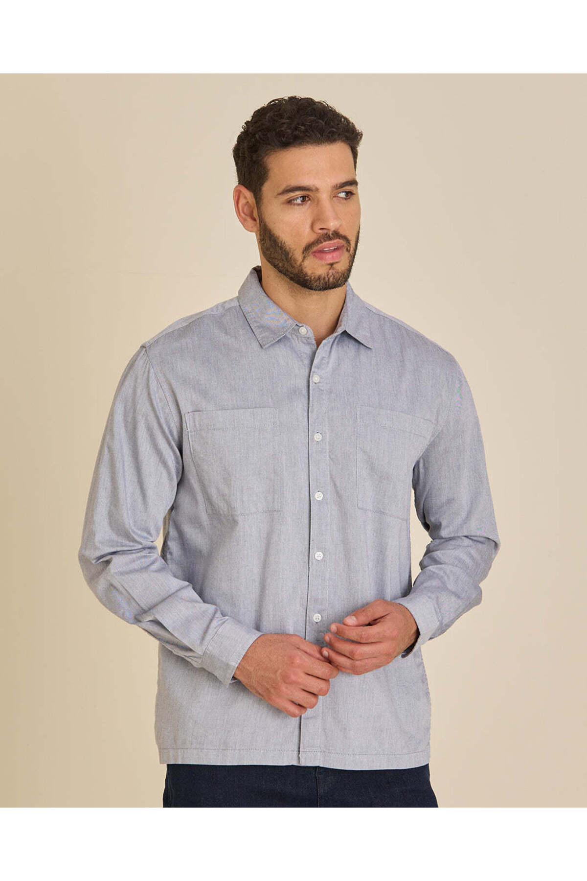 REDTAG Men Grey Western Pocket Poplin Shirt