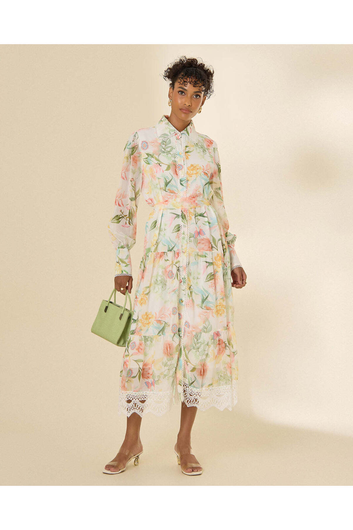 REDTAG Women White And Green Floral Long Sleeve Shirt Dress