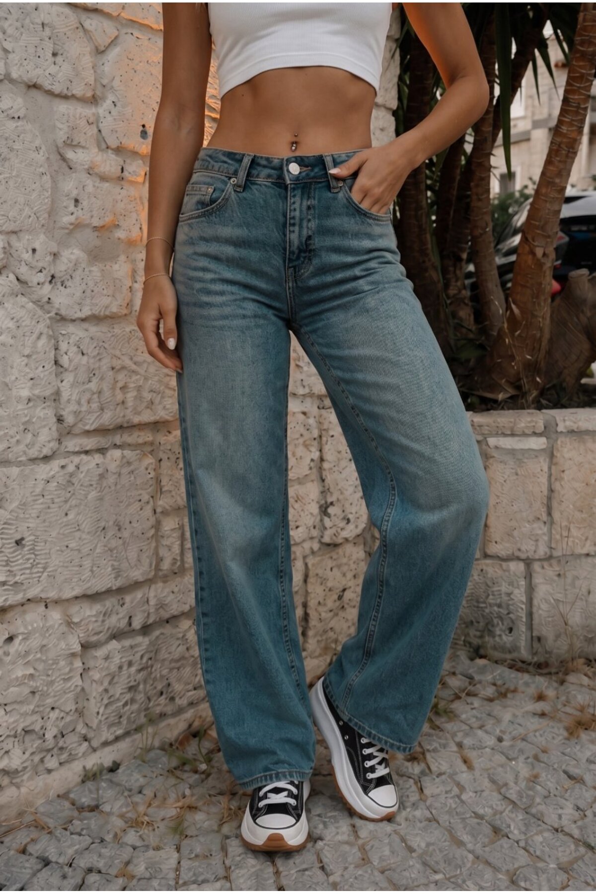 Kadın Vintage Efektli Yüksek Bel Esnek Wide Leg Jeans KOYU MAVİ 5
