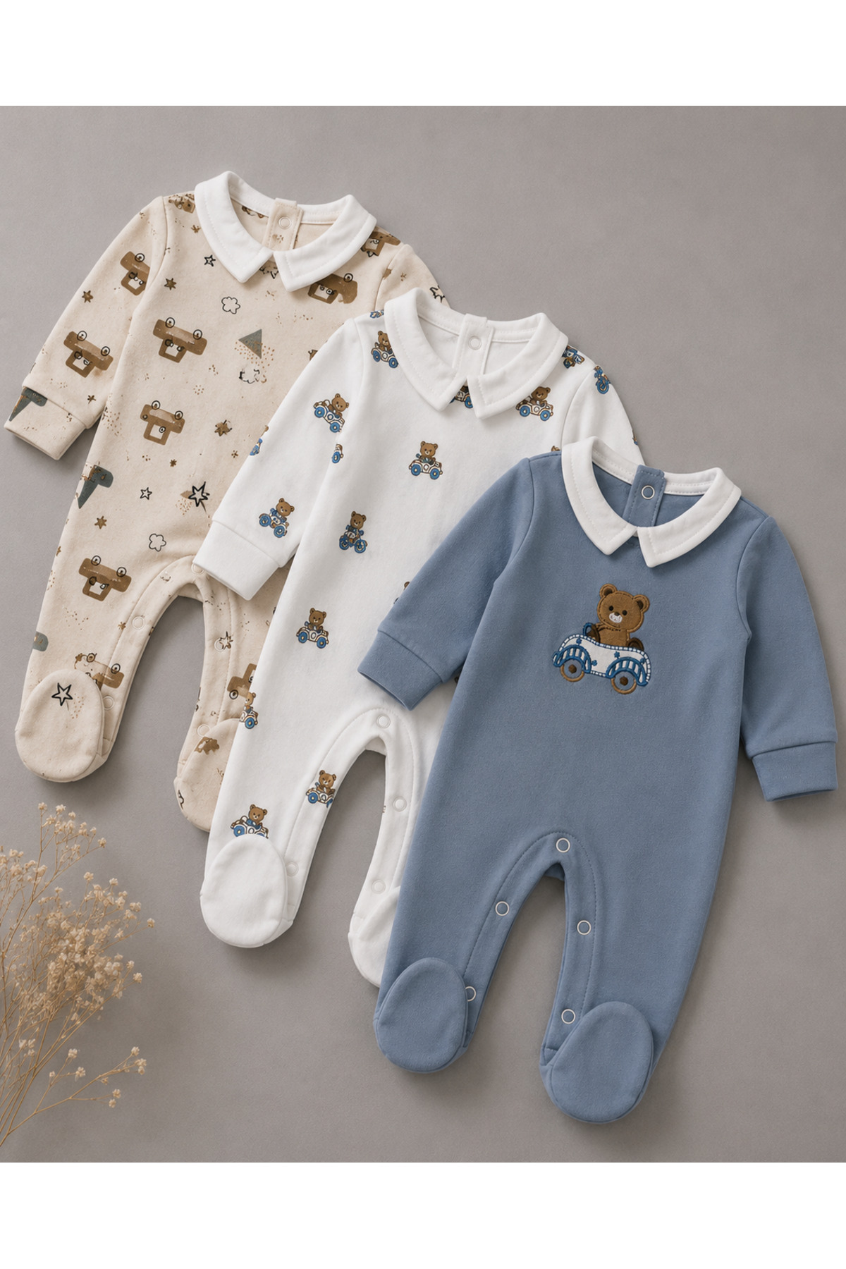 My Babies Label Teddy Bear and Car Themed Polo Collar 3-Piece Snap Fastener Baby Romper Set 100% Cotton Newborn Hospital Release (0-3 Months)