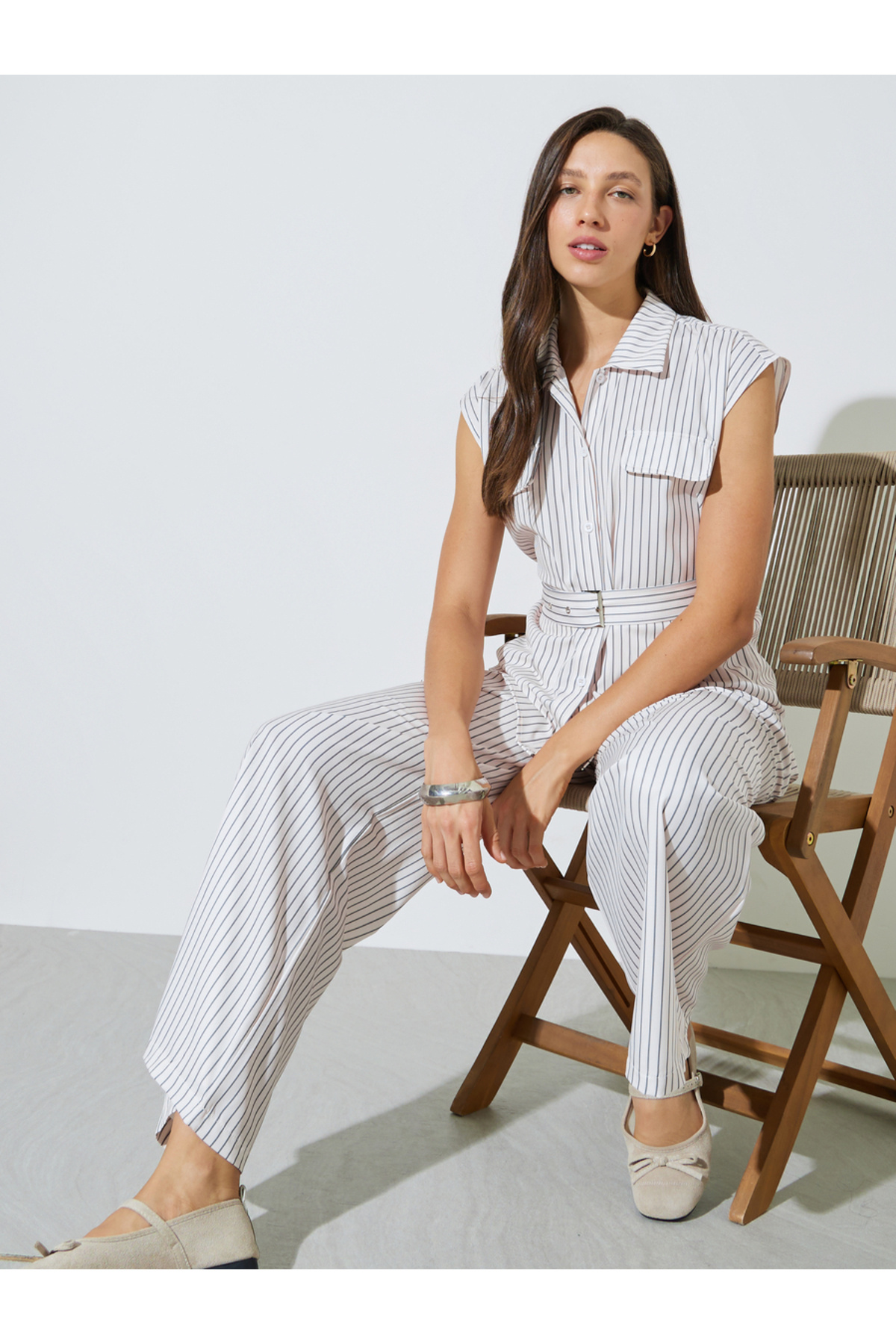 Styli Striped Pocket Detail Blouse With Belt And Wide Leg Pants Set