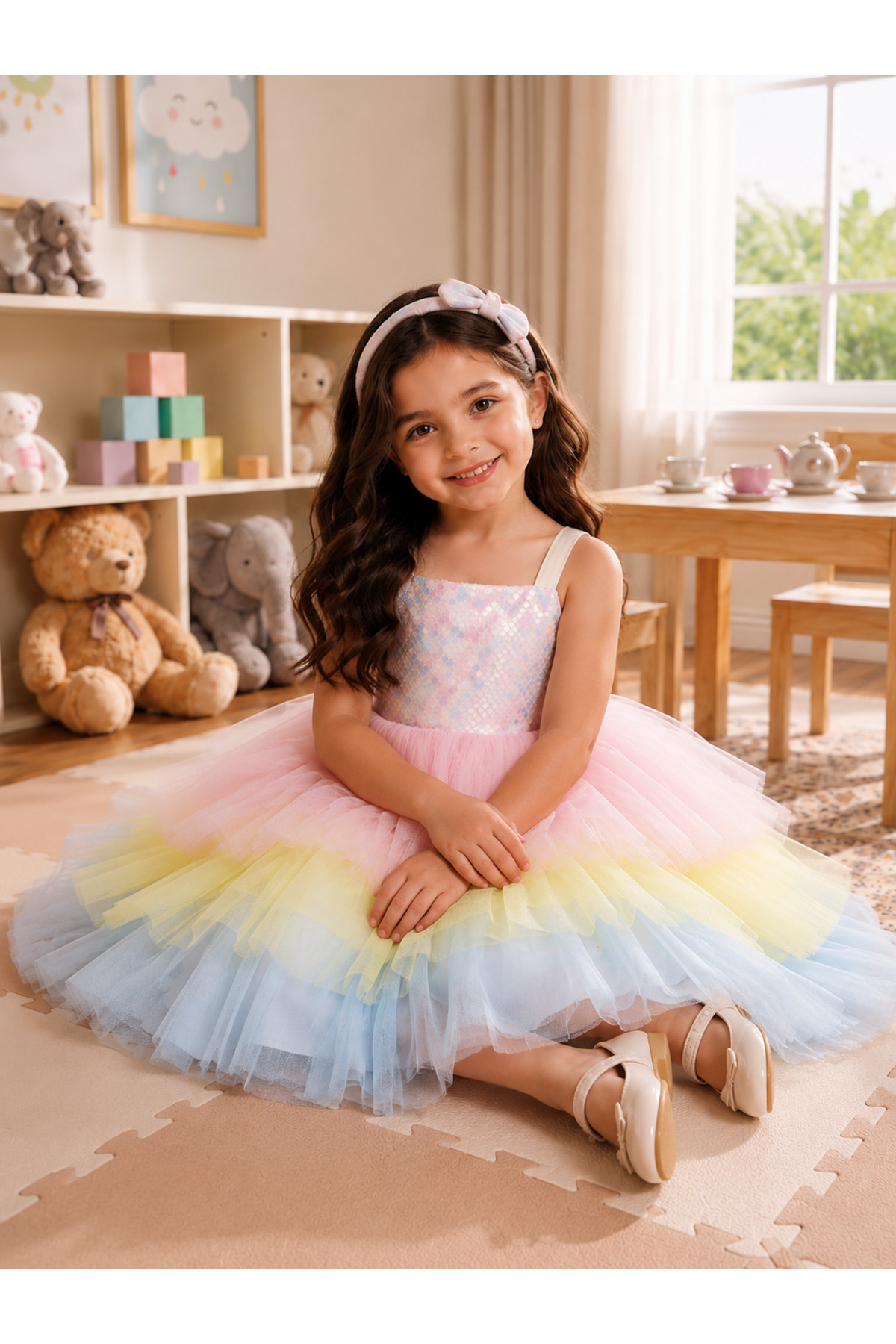 Girls Luxury Rainbow Layered Tulle Party Dress with Sequin Bodice & Oversized Satin Bow Back