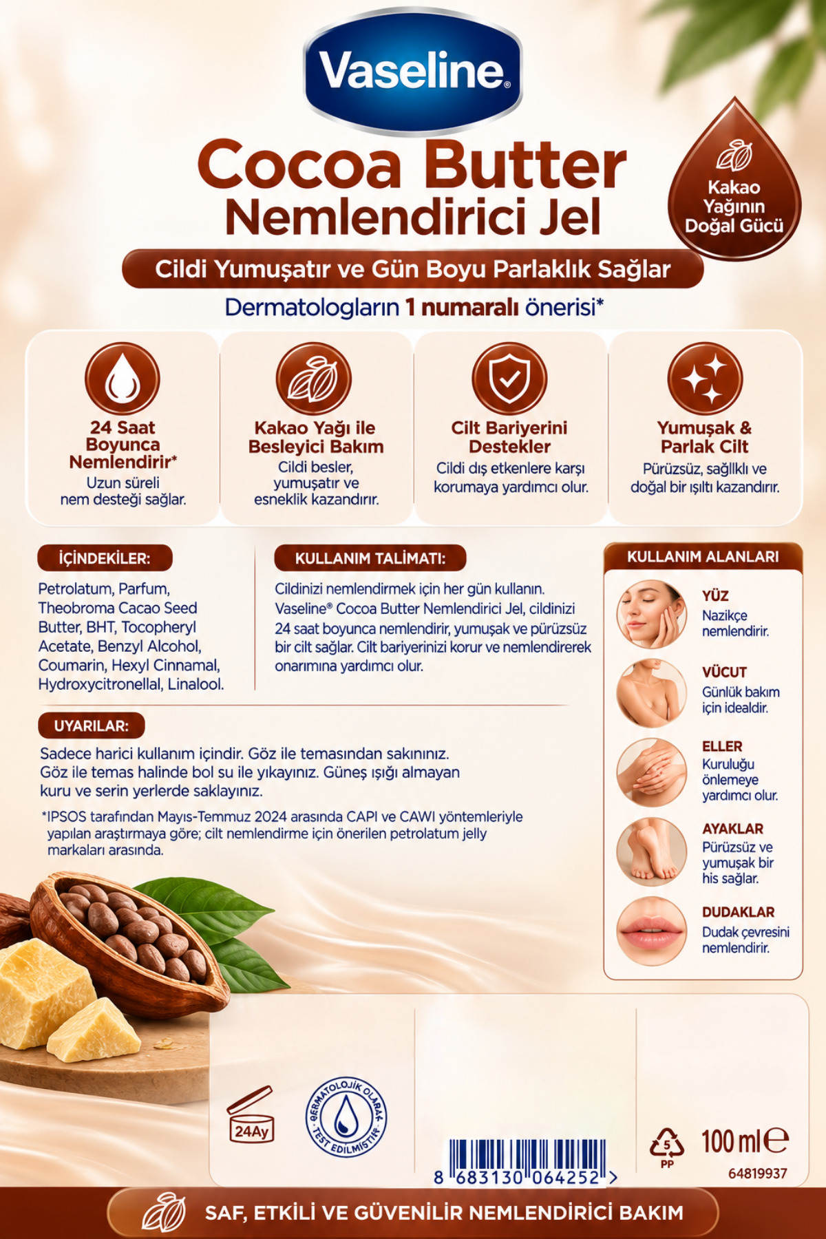 Cocoa Butter Nemlendirici Jel 100 ml | Kakao Yağlı Yoğun Nemlendirici Bakım | Kuru ve Mat Ciltler İçin Cilt Bakım Jeli — 8683130064252x1 — تصویر 4 از 5