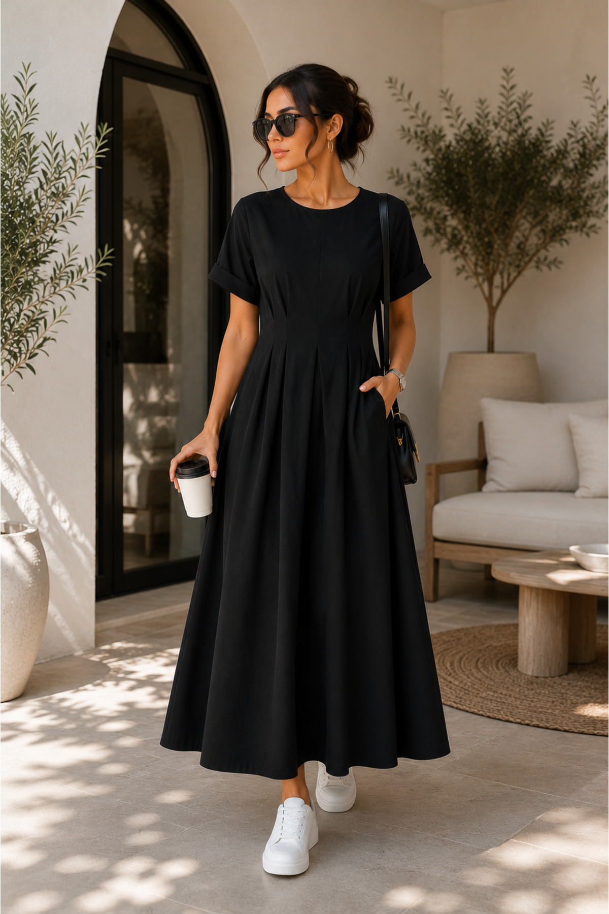 west club Women's Black Crew Neck Short Sleeve Long Maxi Dress