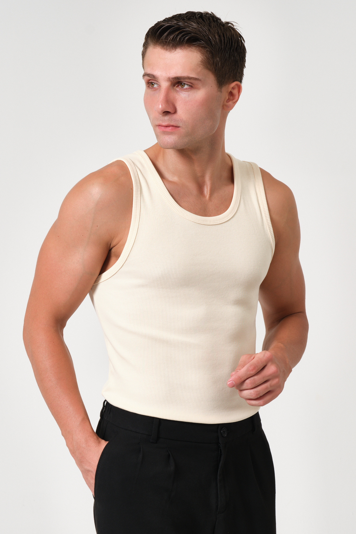 gamaro Erkek Halter Yaka penye kaşkorse fitted kalıp fitilli sporcu Likralı Atlet