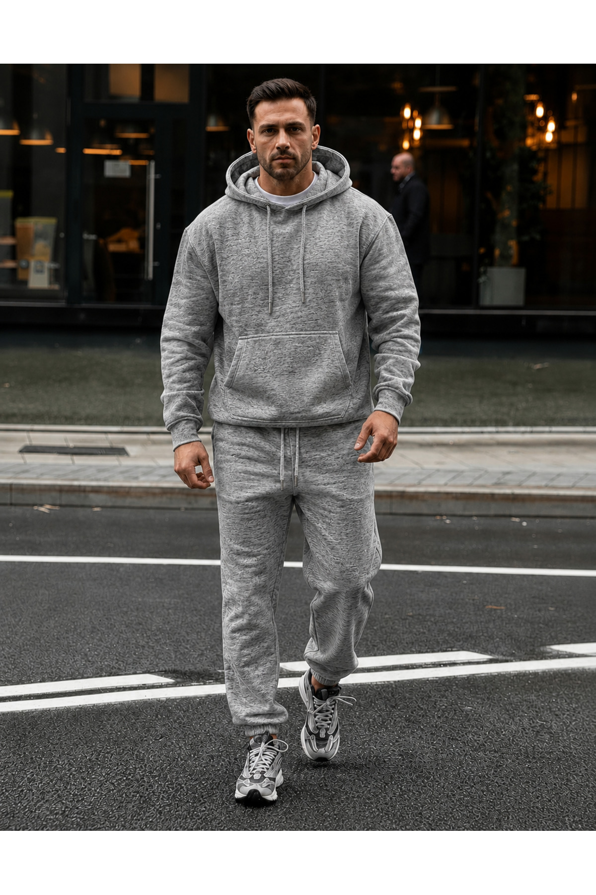 ERKEK 3 İPLİK KAPÜŞONLU JOGGER LASTİK PAÇA EŞOFMAN TAKIMI — خاکستری TYETK3I045