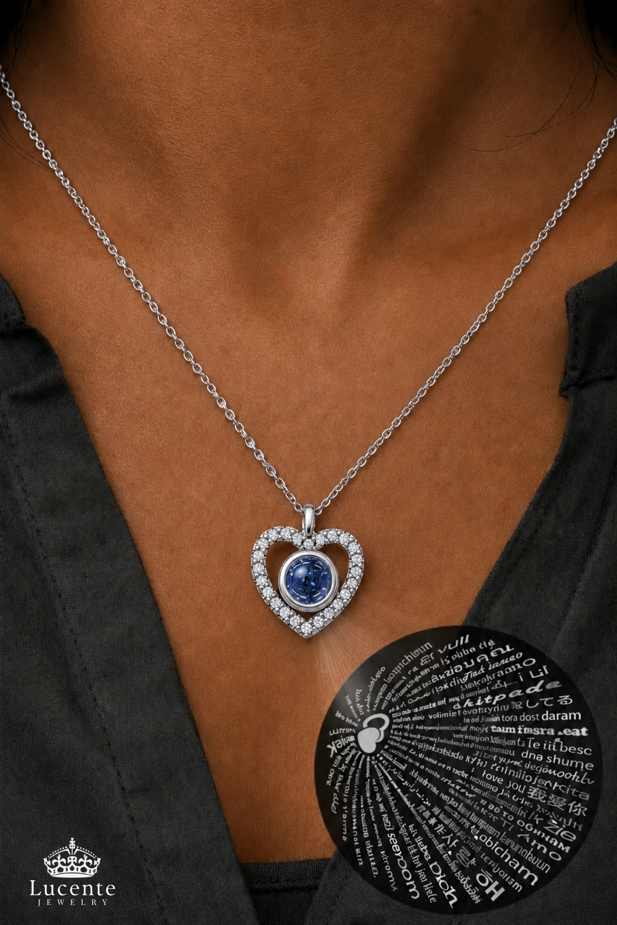 Lucente Jewellery 925 Ayar Kalbin Işığı Özel Tasarım 100 Dilde Seni Seviyorum Yazan Kalpli Kararma Karşıtı Rodyum Güçlendirme Gümüş Özel Gün Hediyesi Projeksiyon Sonsuz Aşk Simgesi 45 Cm Zincir Küpe Hediyeli Kalp Kolye görsel 3