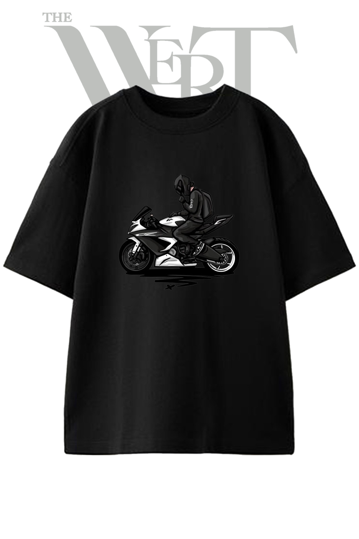 THEWERT Helmeted Biker Design Printed Unisex Black Oversize T-Shirt