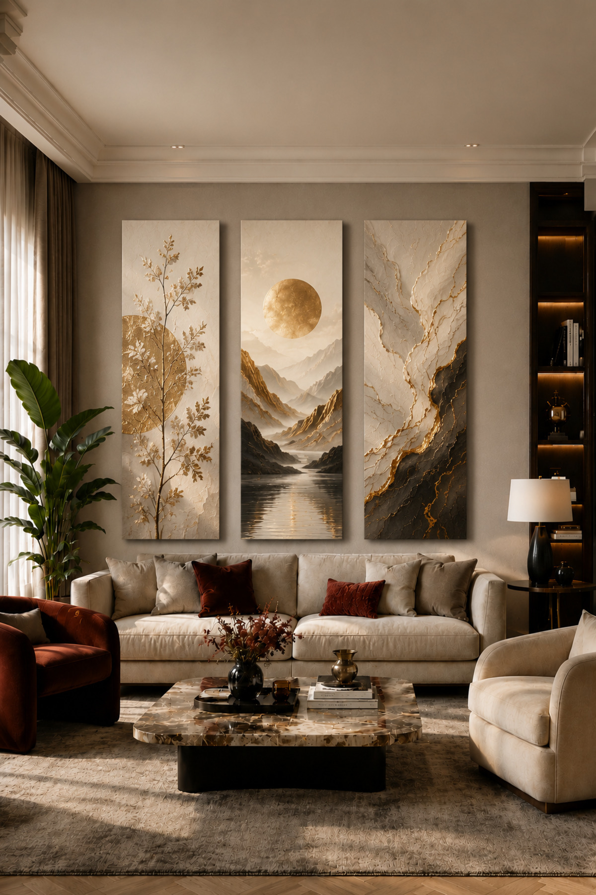 3 Parça MDF Gold Detaylı Modern Soyut Manzara Tablo Seti Bej Minimalist Duvar Dekoru Salon Tablosu