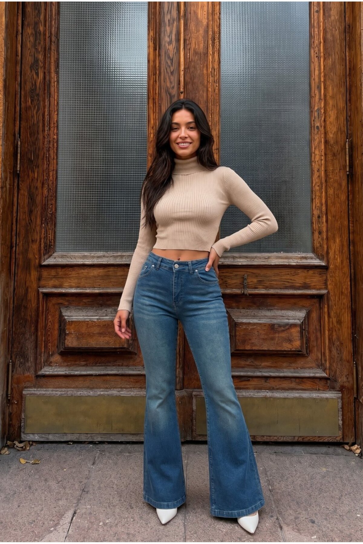 Yüksek Bel Esnek/Likralı Çan Paça Jeans Koyu Mavi 5