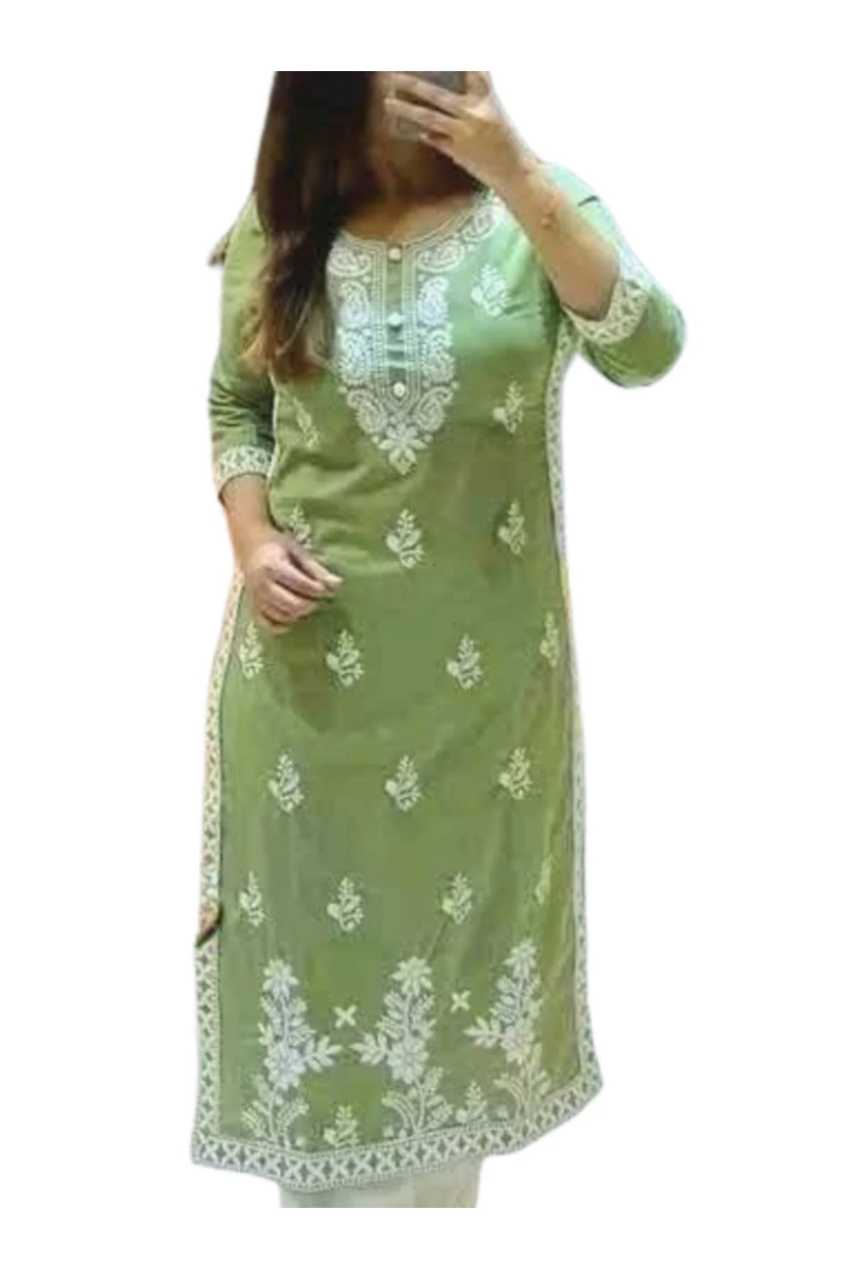 MYSMAR Green Rayon Cotton Salwar Kameez & Dupatta Set - FFT5826 | Green-Size:M-38-Inches
