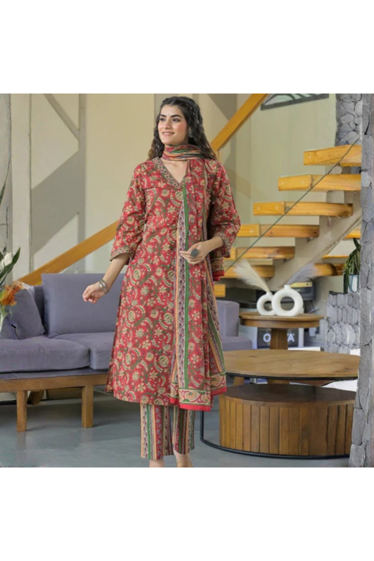 MYSMAR Maroon Print Cotton Kurta Set with Striped Dupatta - VRN1142 | Maroon-Size:S-36-Inches