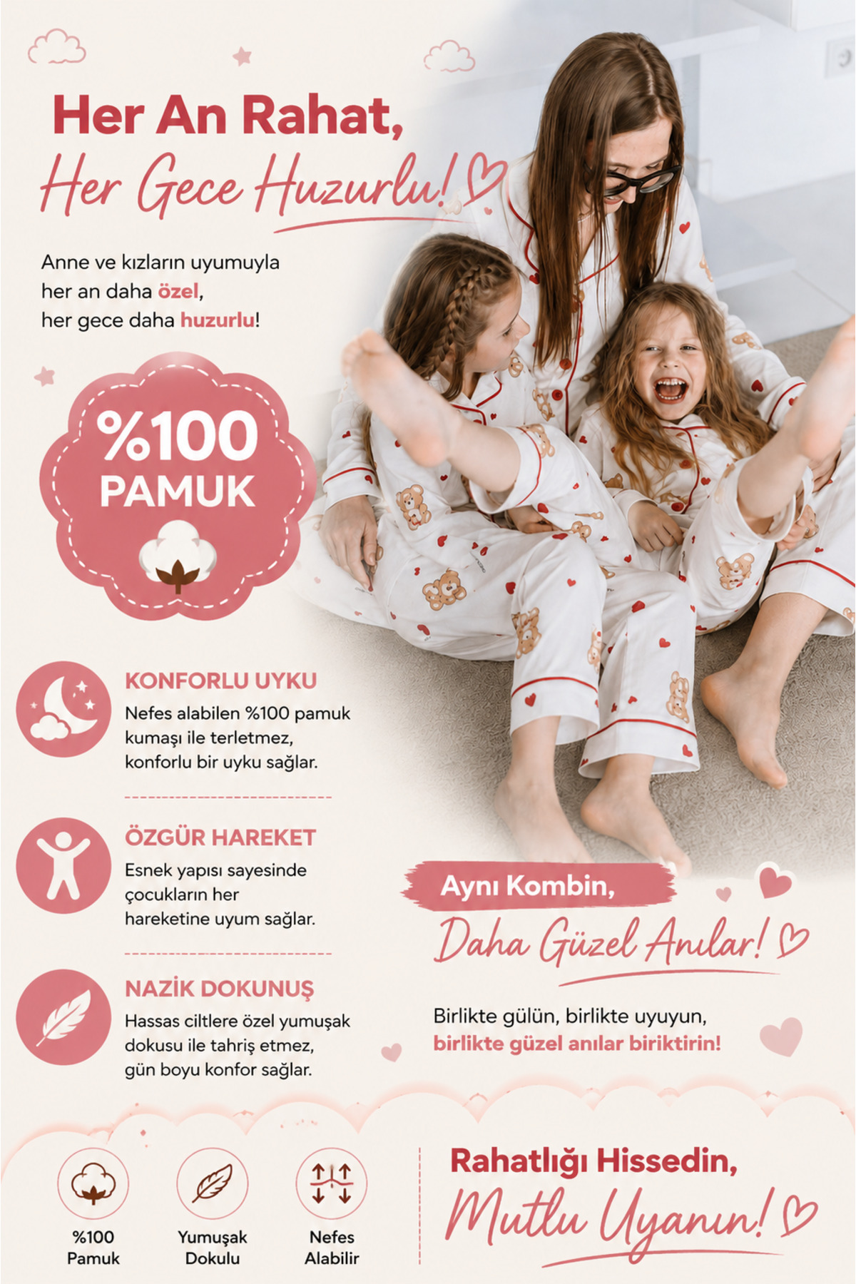modaminikler Anne-Kız Ekru Ayıcık ve Kalp Desenli Düğmeli %100 Pamuk 2'li Pijama Takımı görsel 5