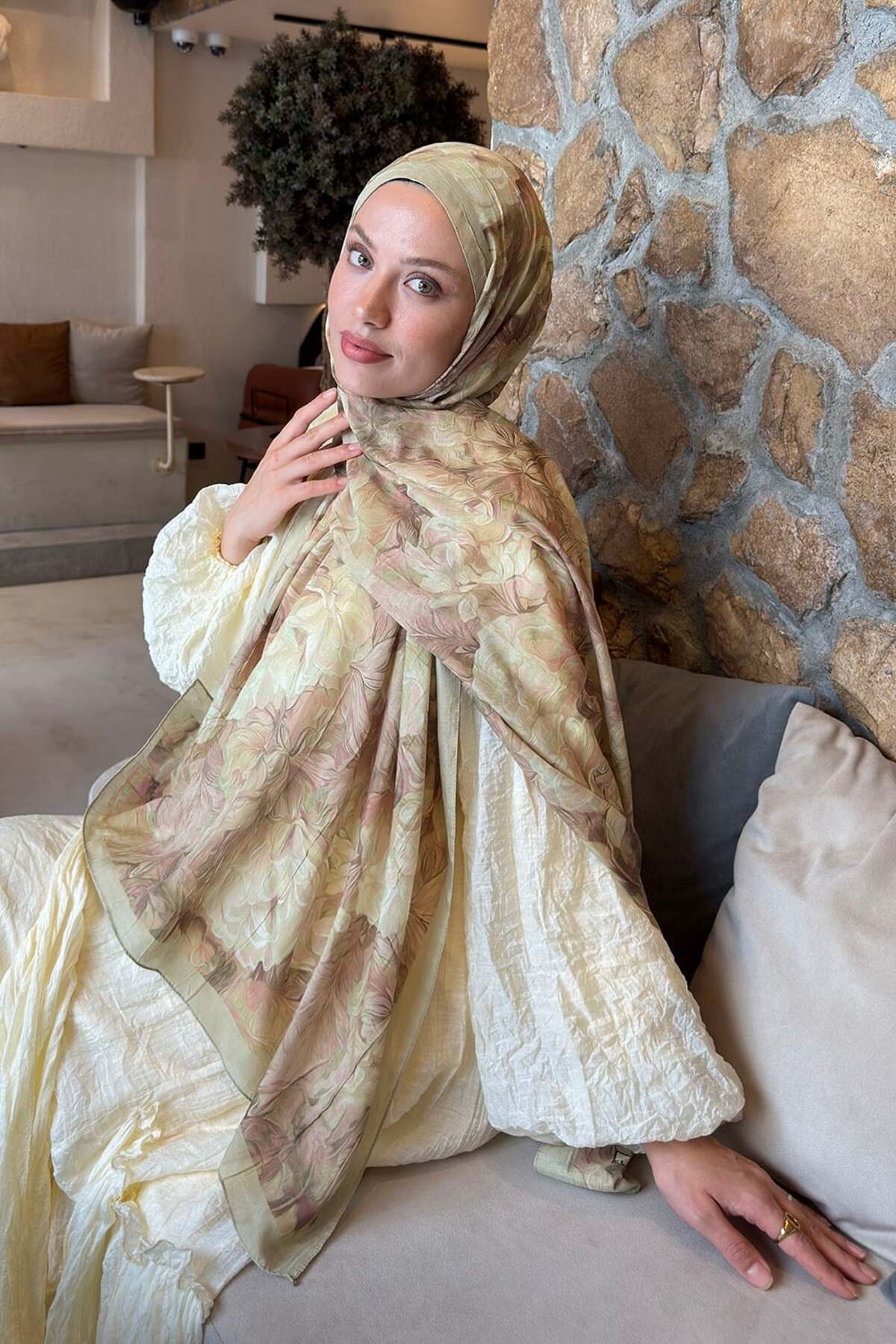 lamelif Vintage Flower Desen Bambu Şal Mint Yeşili görsel 2