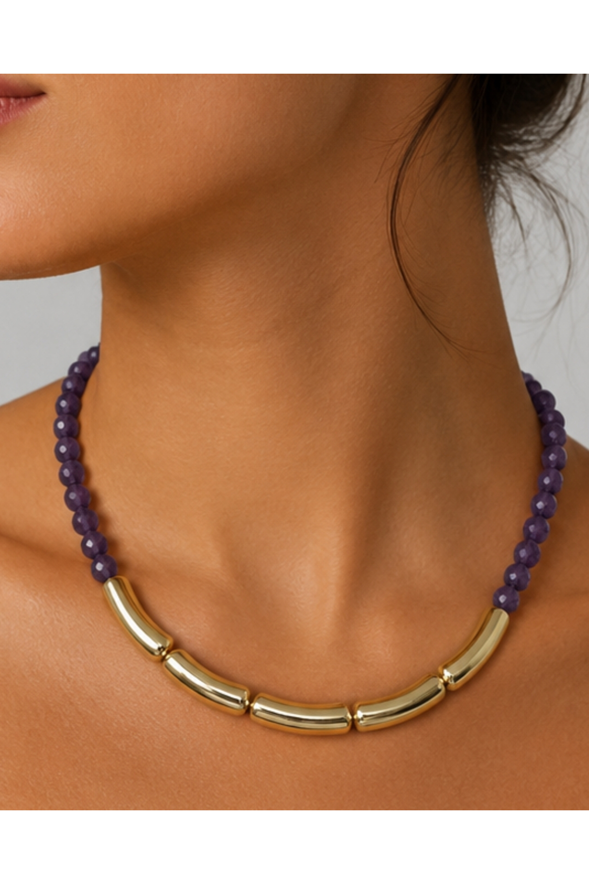 Ametist Doğal Taşlı Gold Boru Detaylı Choker Kadın Kolye