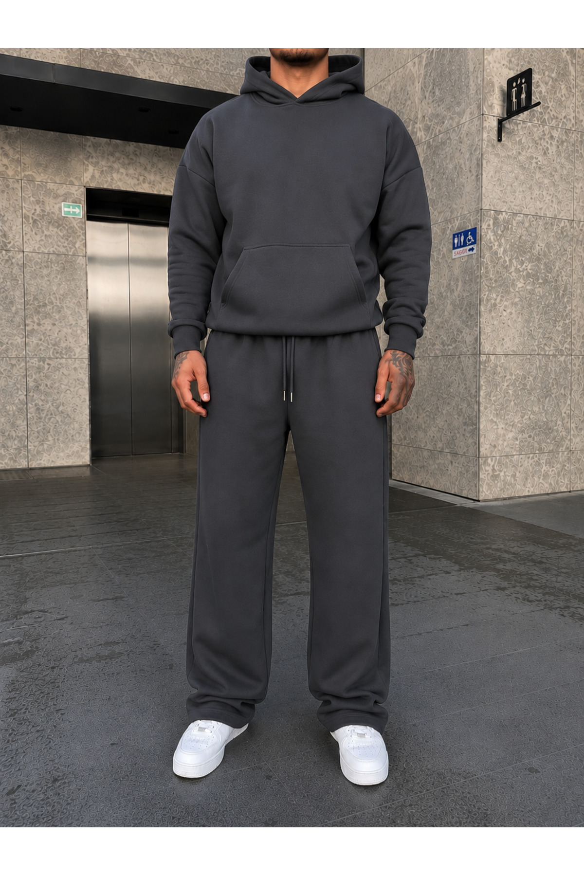 ERKEK Oversize Baggy Kalıp Uygun Basic Günlük Eşofman Takımı — خاکستری BRNSFTK7 — تصویر 3 از 4