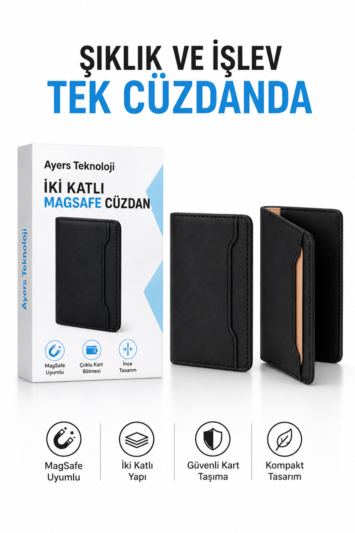 Ayers Premium Erkek İki Katlı MagSafe Uyumlu Manyetik Kartlık Cüzdan, 2 Kart Yuvalı, İnce ve Hafif Premium Suni Deri Telefon Arkası Kart Cüzdanı