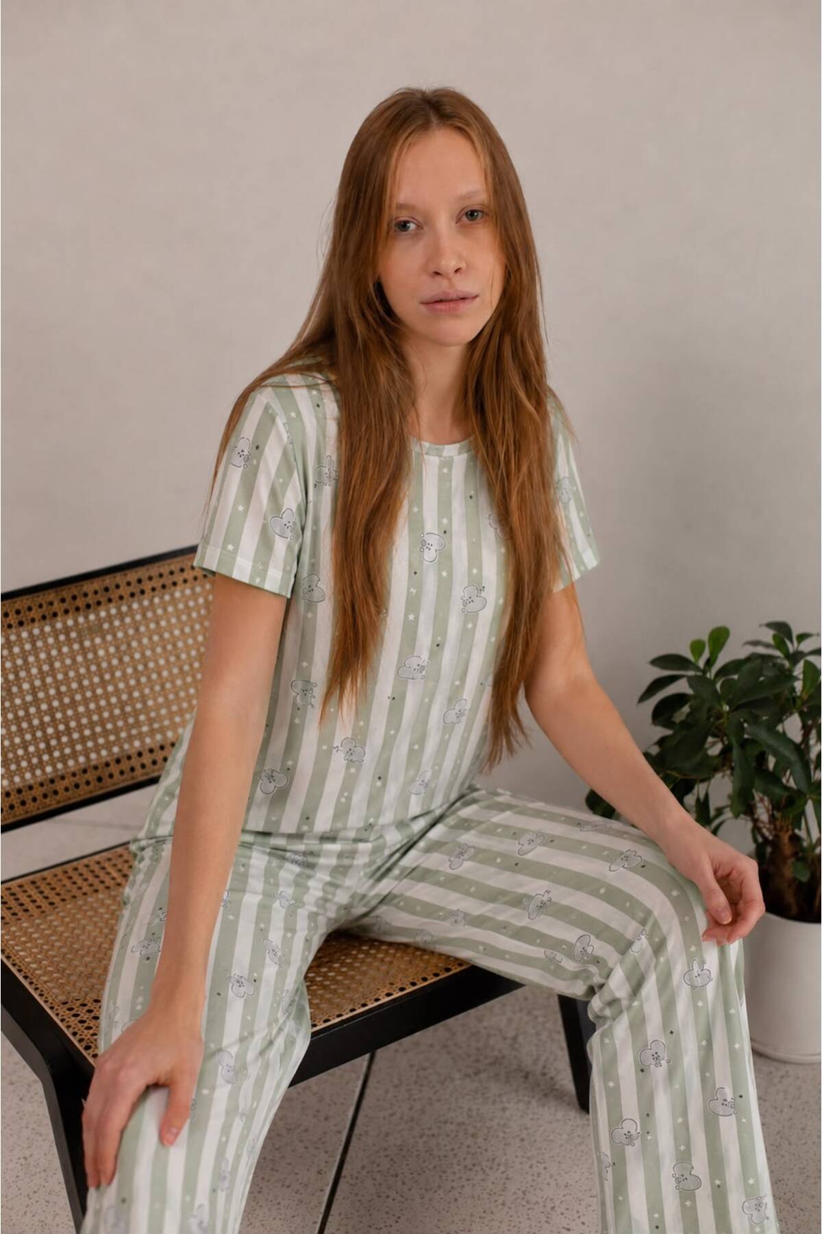 MODABOX Women's 100% Cotton Sunny Mood Patterned Relax Fit Short Sleeve Loose Pajama Set