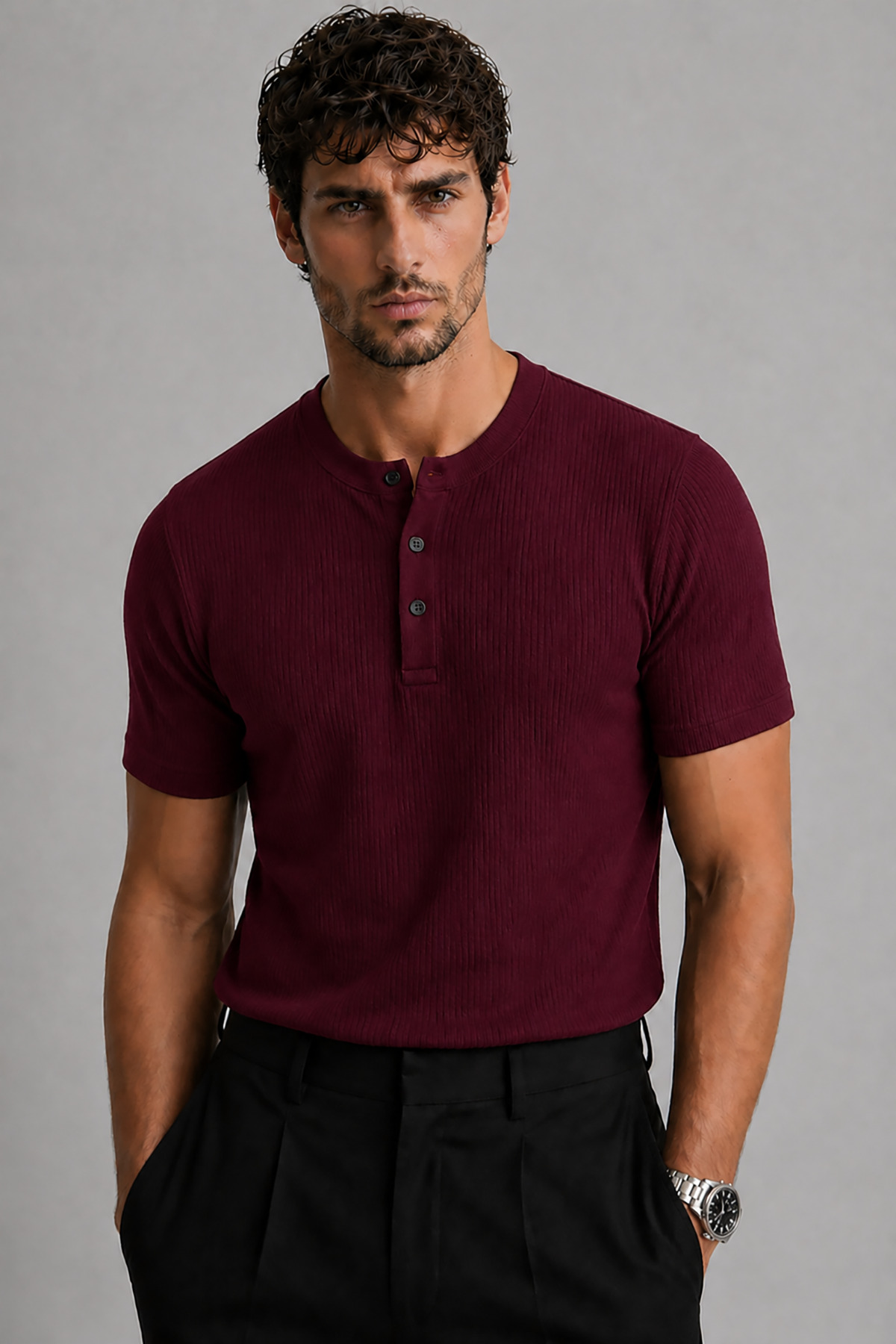 Montivo Men's Burgundy Henley Collar Short Sleeve Premium Cotton Ribbed T-Shirt