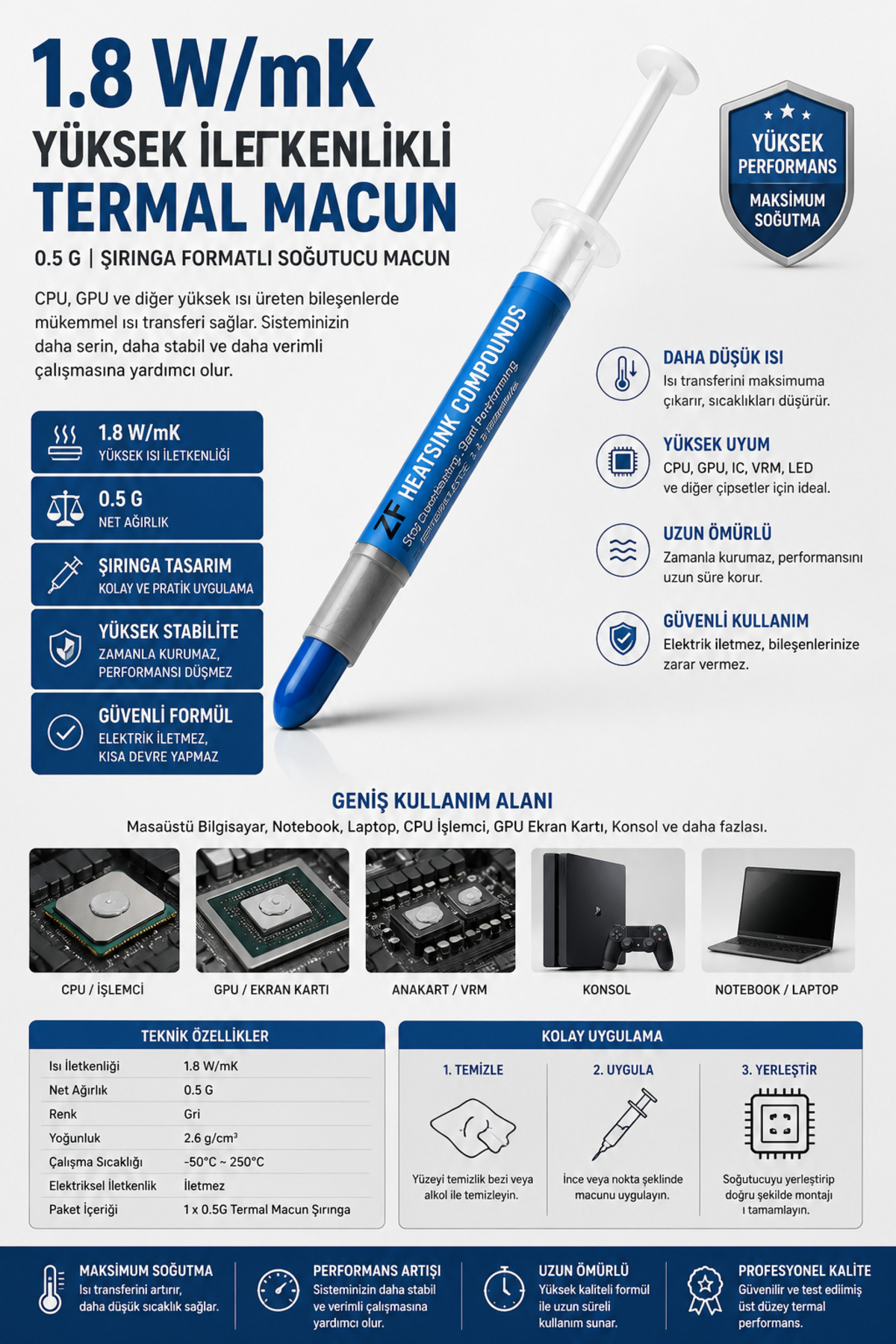 1.8 W/mK 0.5 G Gri Gram Yüksek İletkenlikli Termal Macun - Masaüstü Bilgisayar, Notebook, Laptop, CPU İşlemci, GPU Ekran Kartı, Konsol İçin Isı Dağıtıcı Şırınga Formatlı Soğutucu Macun
