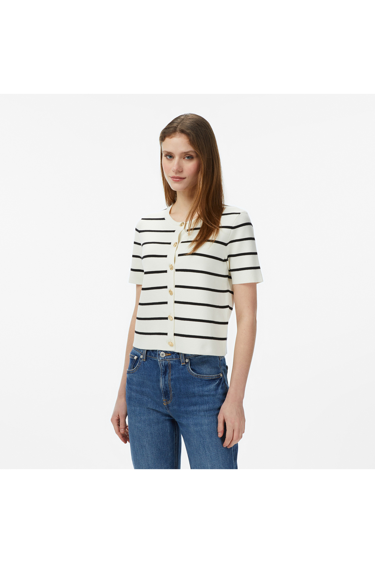 Nautica Kadın Krem Slim Fit Kısa Kollu Çizgili Triko Hırka