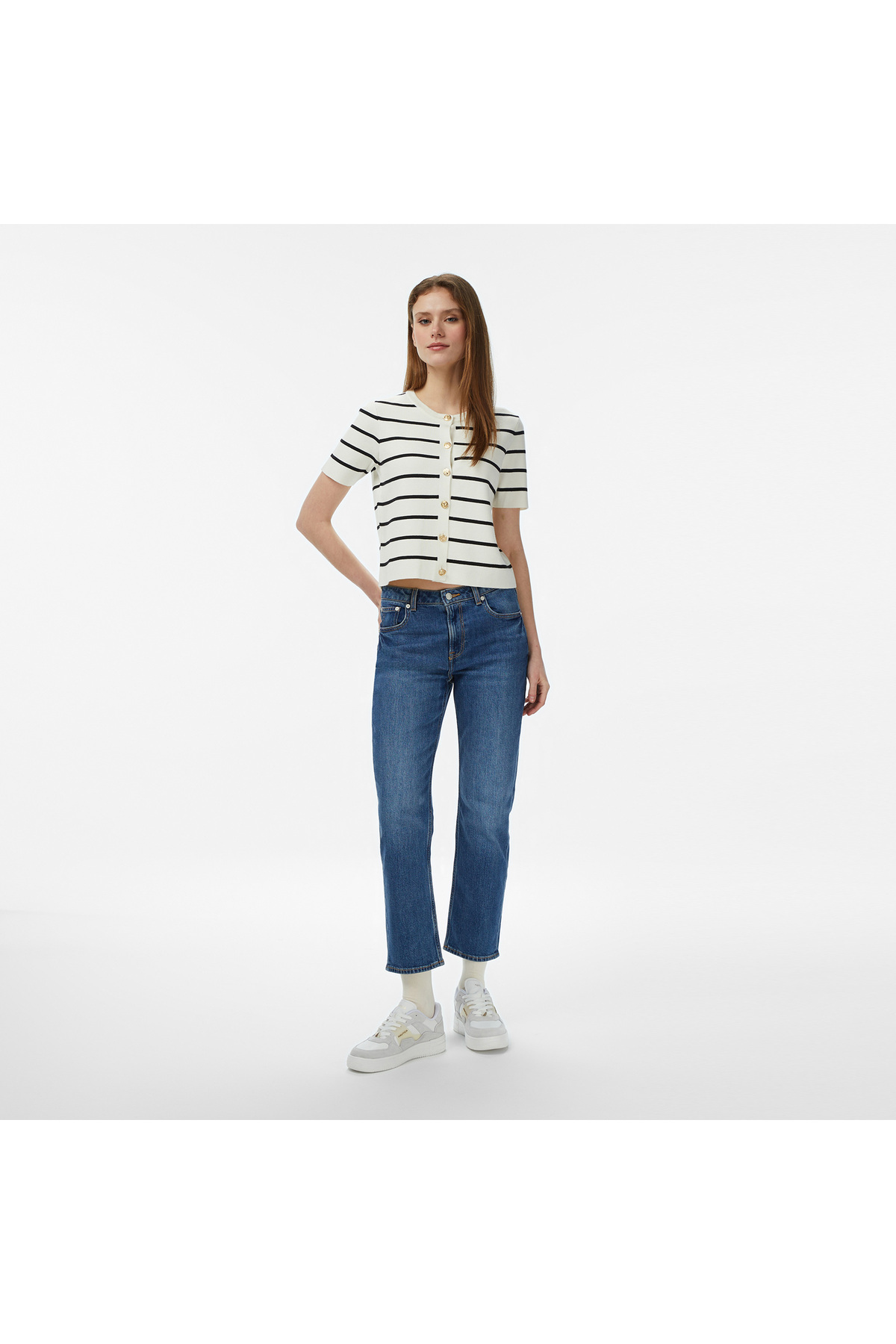 Nautica Kadın Krem Slim Fit Kısa Kollu Çizgili Triko Hırka görsel 3