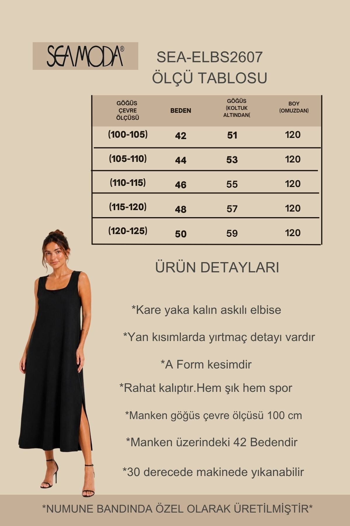 Seamoda Büyük Beden Kare Yaka Kalın Askılı Yırtmaç Detaylı Midi Siyah Elbise görsel 2