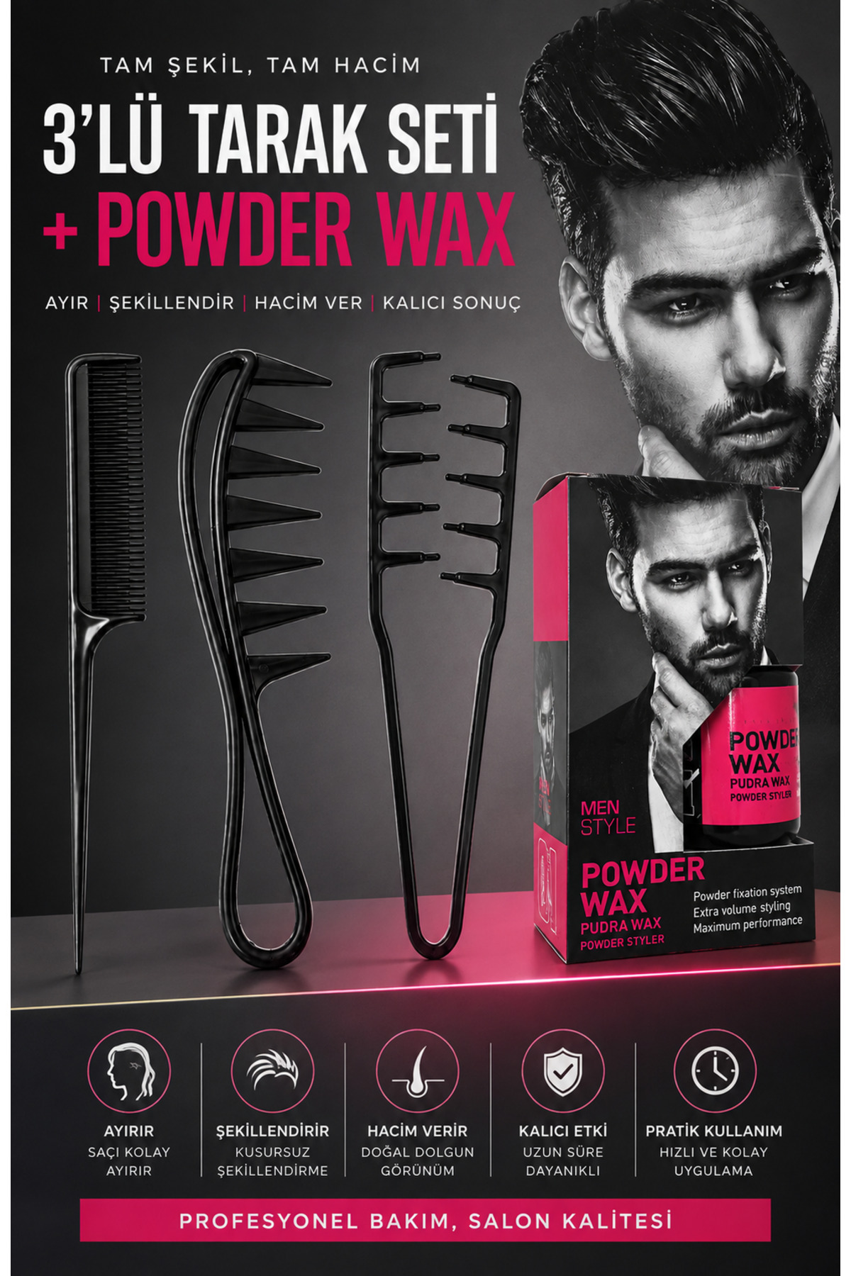 MAQYA KOZMETİK 4 Parça Toz Wax Set Açma Tarağı Krape Tarağı Mucizevi Saç Şekillendirici Tarak Seti ve Toz Saç Waxı Profesyonel Saç Seti — مشکی 4lü setwax