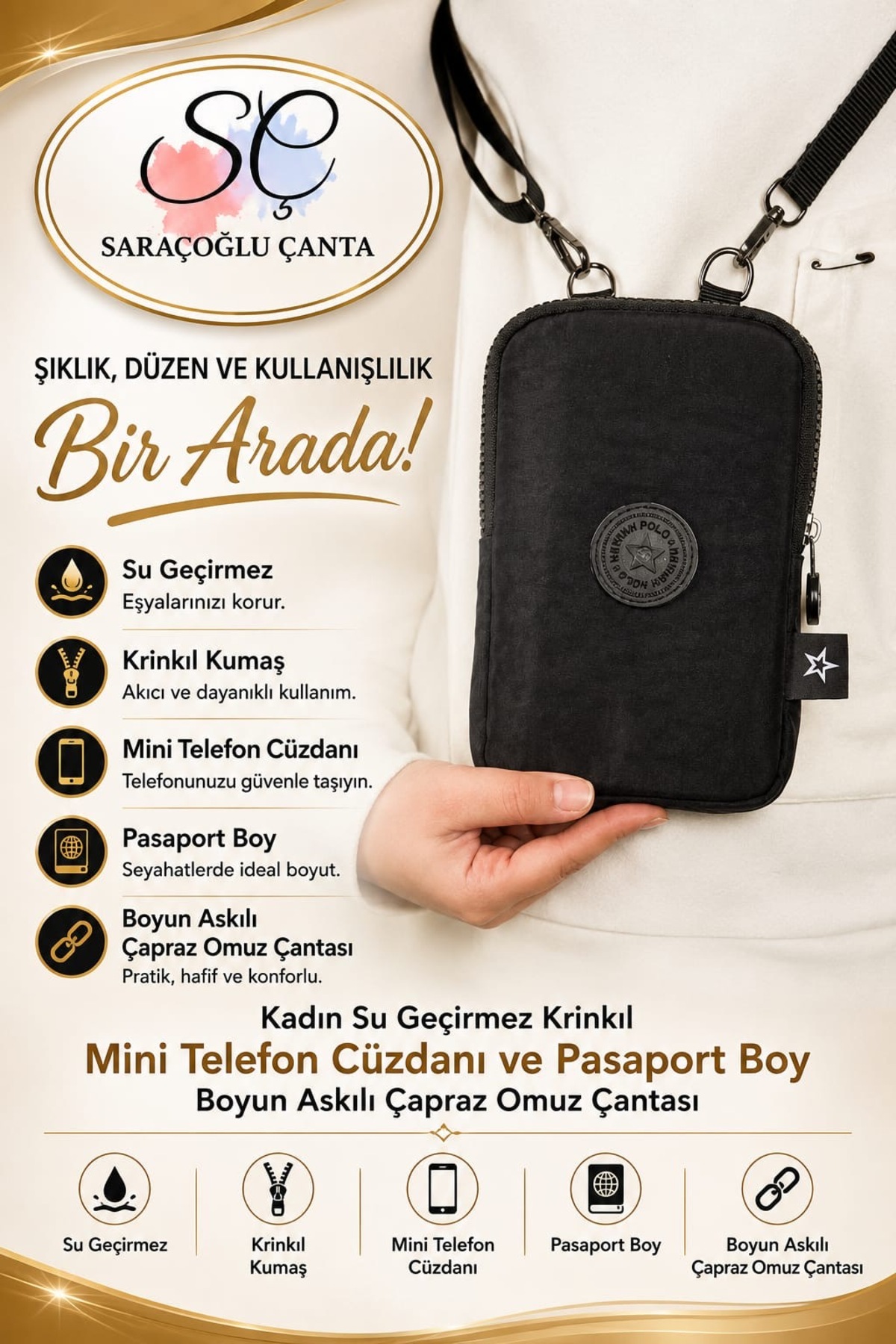sç Saraçoğlu Çanta Kadın Su Geçirmez Krınkıl Kumaş Mini Telefon Çantası Çapraz Omuz Ve Pasaport Çantası görsel 2