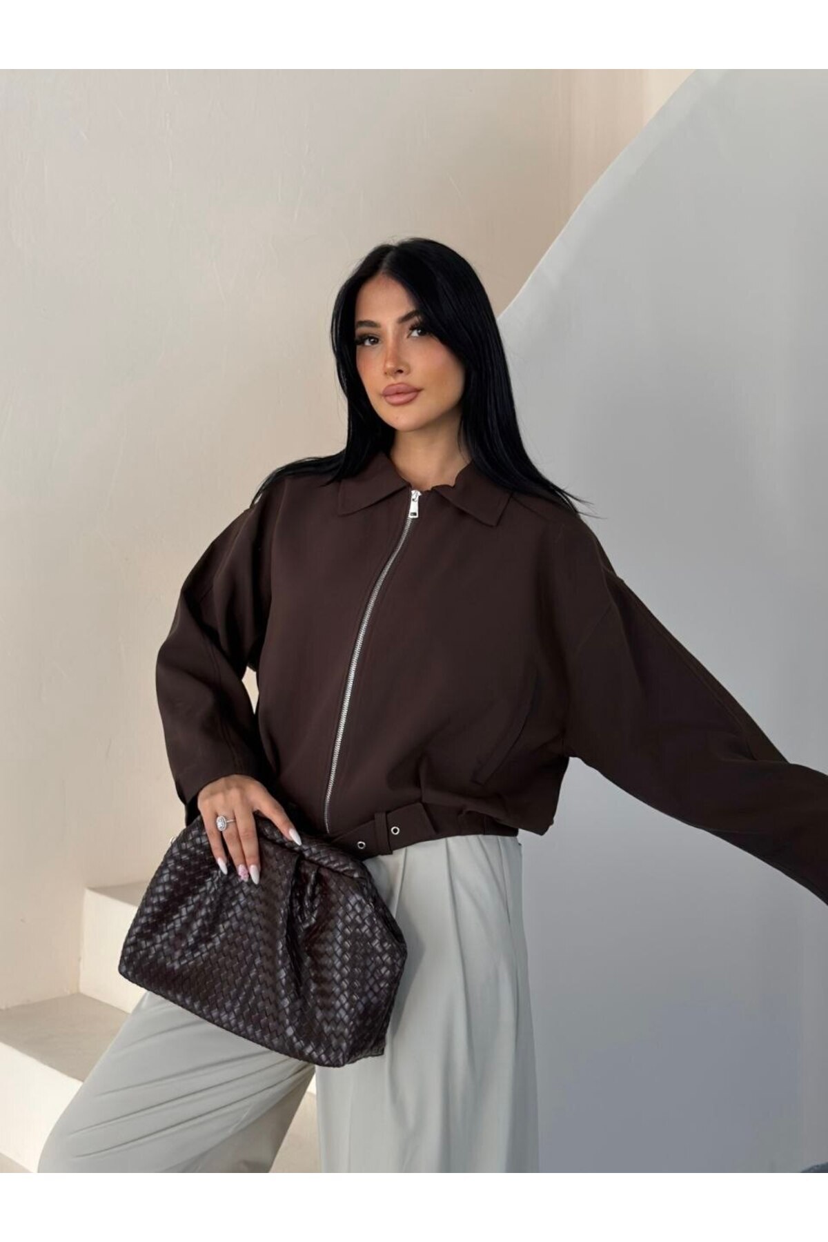 VESS MODA Kadın Mevsimlik Dokuma Kumaş Kemer Detaylı Bomber Ceket görsel 3