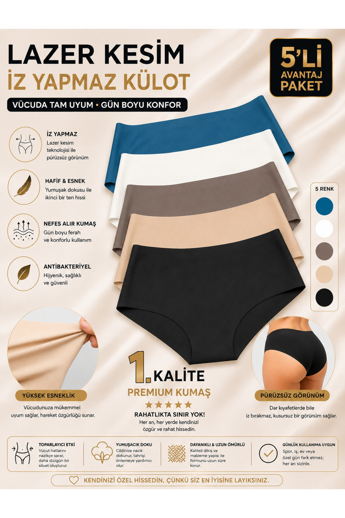 Tektaş Premium Lazer Kesim İz Yapmaz Dikişsiz Kadın Külot 5’li Paket
