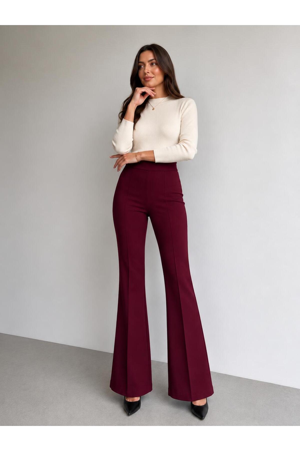 mecea prime Women's Black High Waist Ribbed Stitched Spanish Flare Scuba Crepe Gathering Trousers