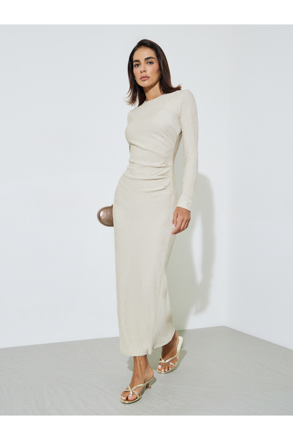 Styli Off White Textured Long Sleeve Maxi Dress