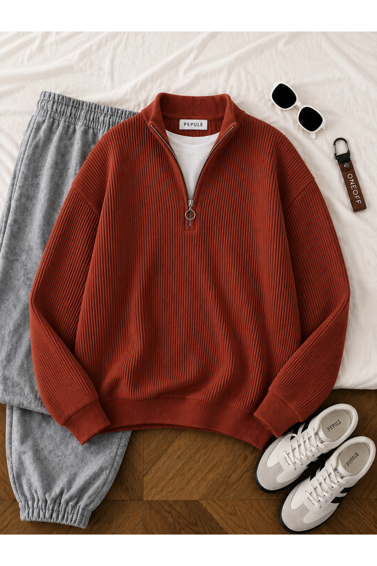 Erkek Selanik Örme Yarım Fermuarlı Triko Kazak Dik Yaka Kışlık Kalın Dokulu Modern Fit Premium Kiremit — رنگارنگ Tekliuşak