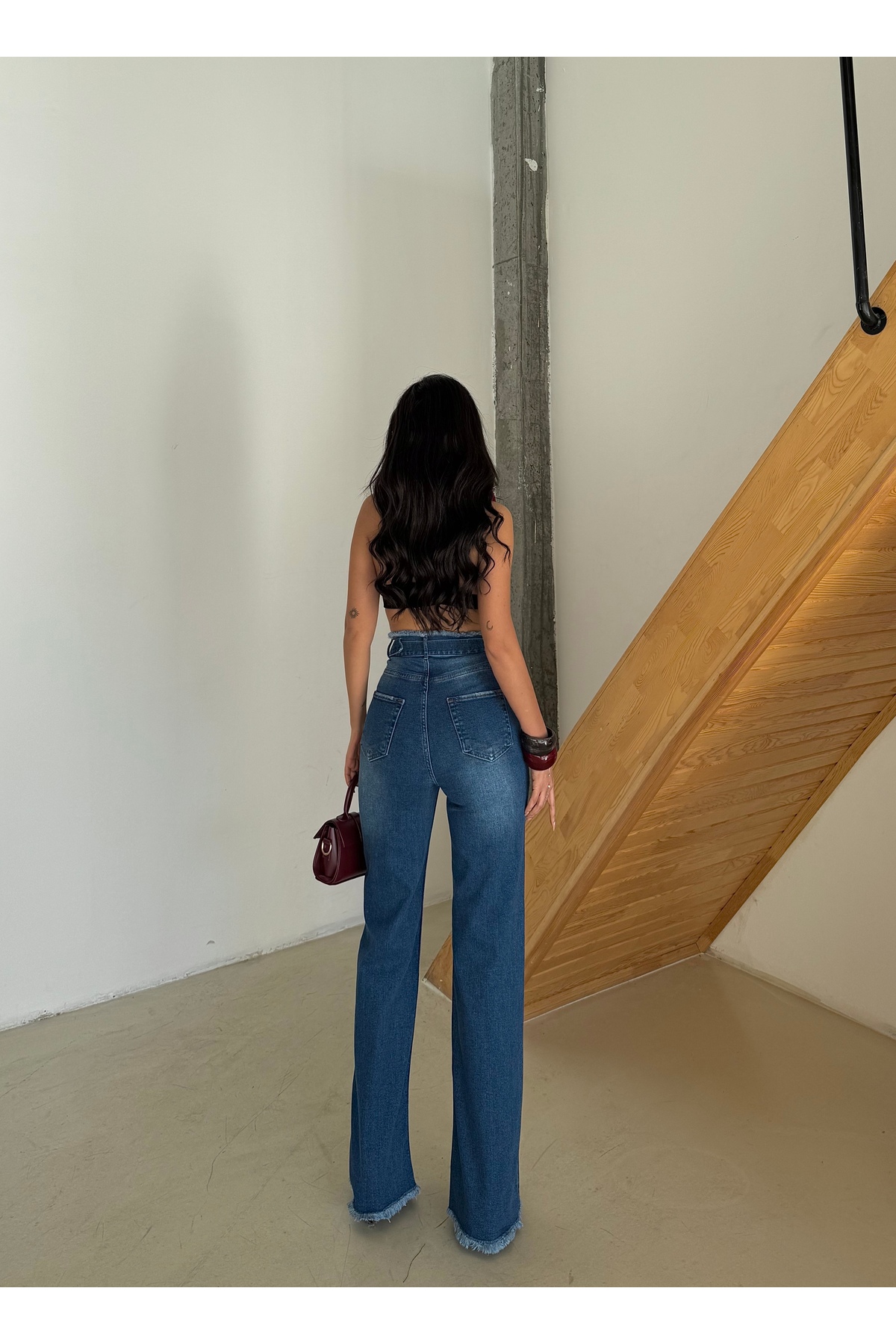 Genel Markalar Kadın Yüksek Bel Soluk Efekt Vintage Kemerli, Bel Püskül Paça Püskül Palazzo Jean görsel 5