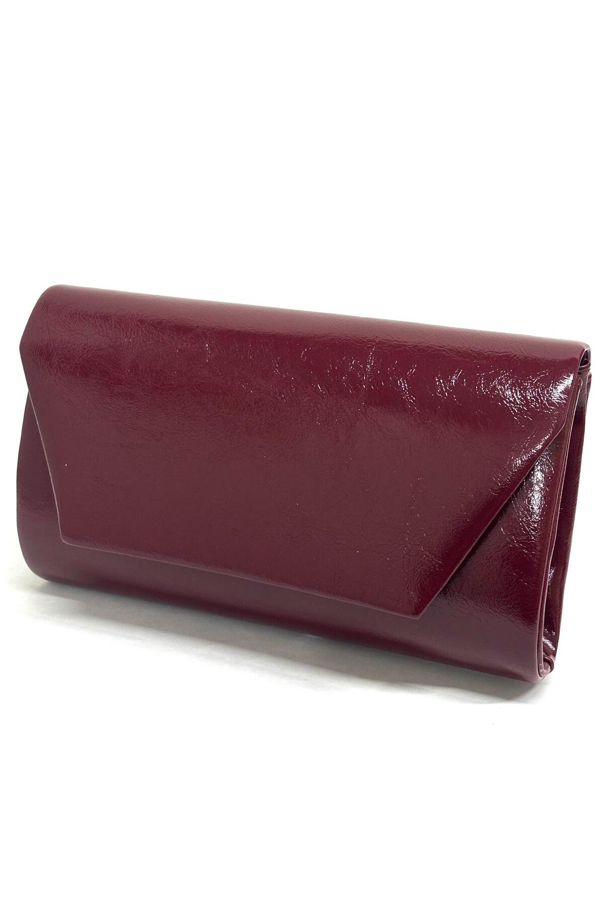 NAZART Kadın Kırışık Suni Deri Bordo Abiye Clutch Zincir Askılı El Düğün Nişan Gece Çantası