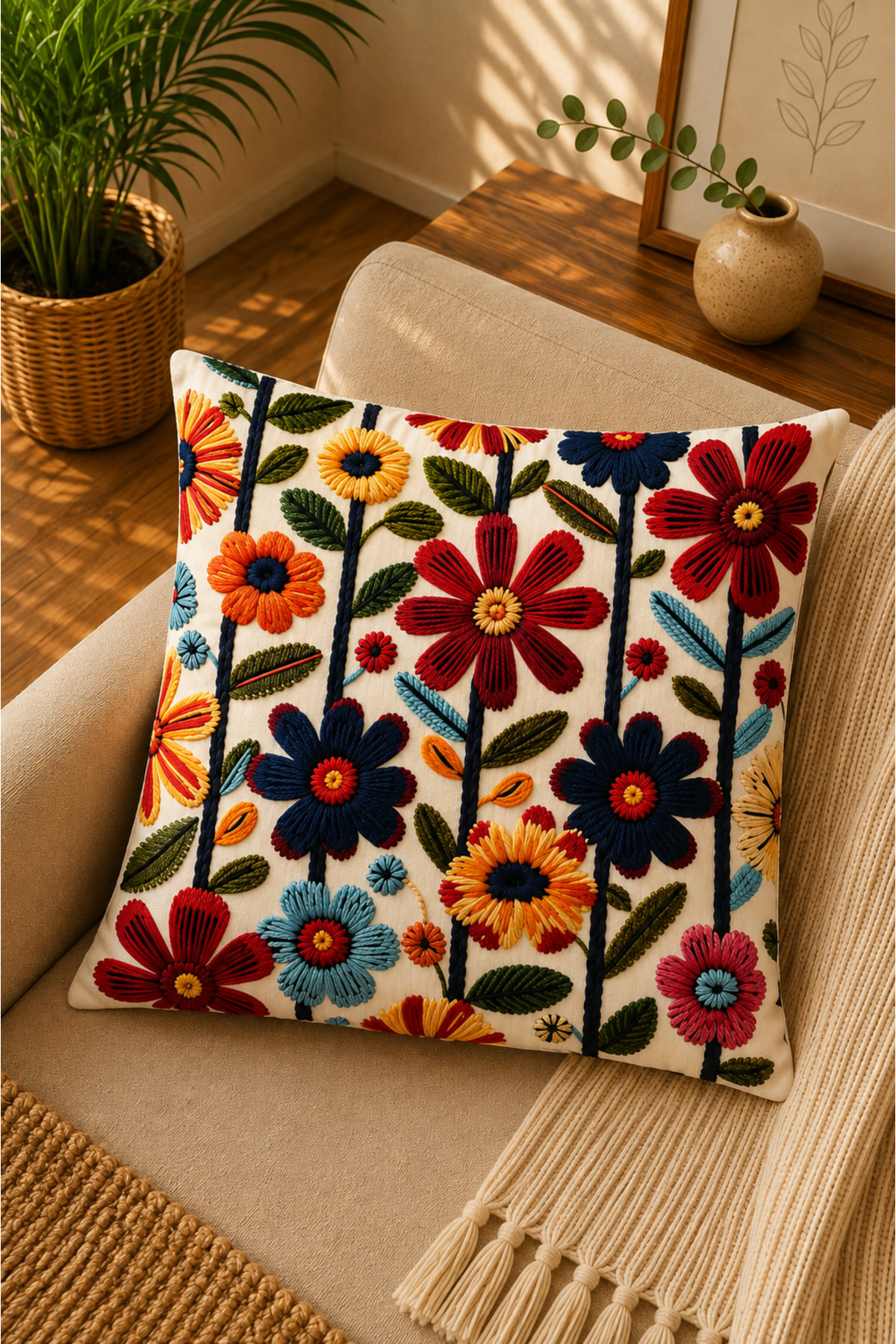Dijital Baskılı Dekoratif Kırlent Kılıfı 43x43 cm – Modern Desenli Keten Dokulu