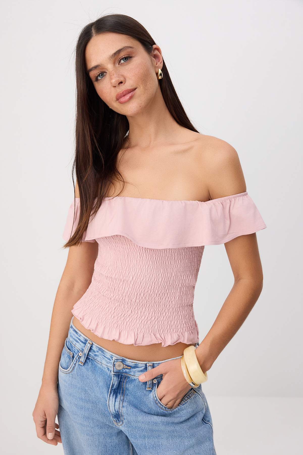 Trendyolmilla Pembe Fitted/Vücuda Oturan Straplez Kolsuz Gipeli Tok %100 Pamuk Örme Bluz TWOSS26BZ00835