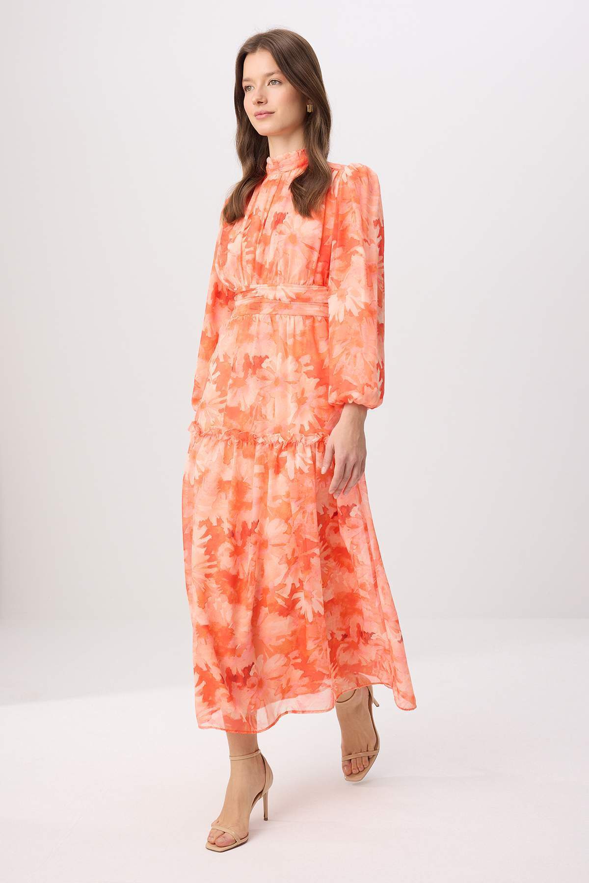 Trendyolmilla Modest Turuncu-Çok Renkli Astarlı Çiçekli Dokuma Elbise&Tulum Şifon Tesettür Elbise TCTSS25EB00063