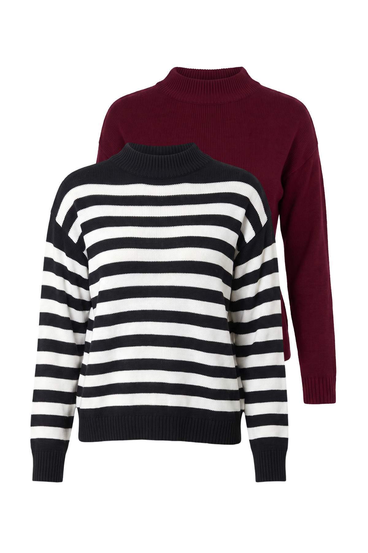 Trendyolmilla Siyah-Bordo Basic İkili Paket Triko Kazak TWOAW26KZ00232