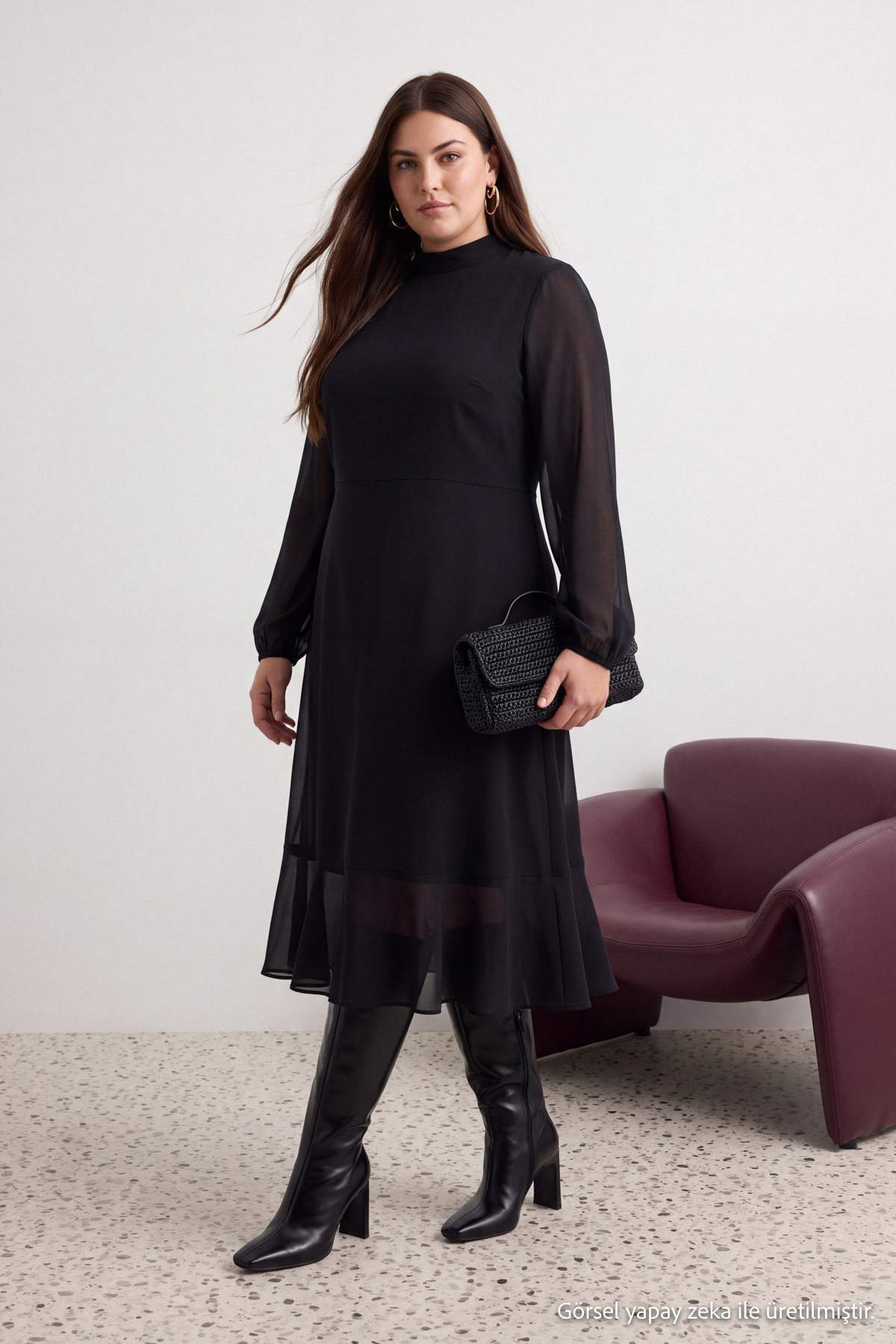 Trendyolmilla Curve Siyah Dokuma Büyük Beden Elbise TBBAW27AH00017