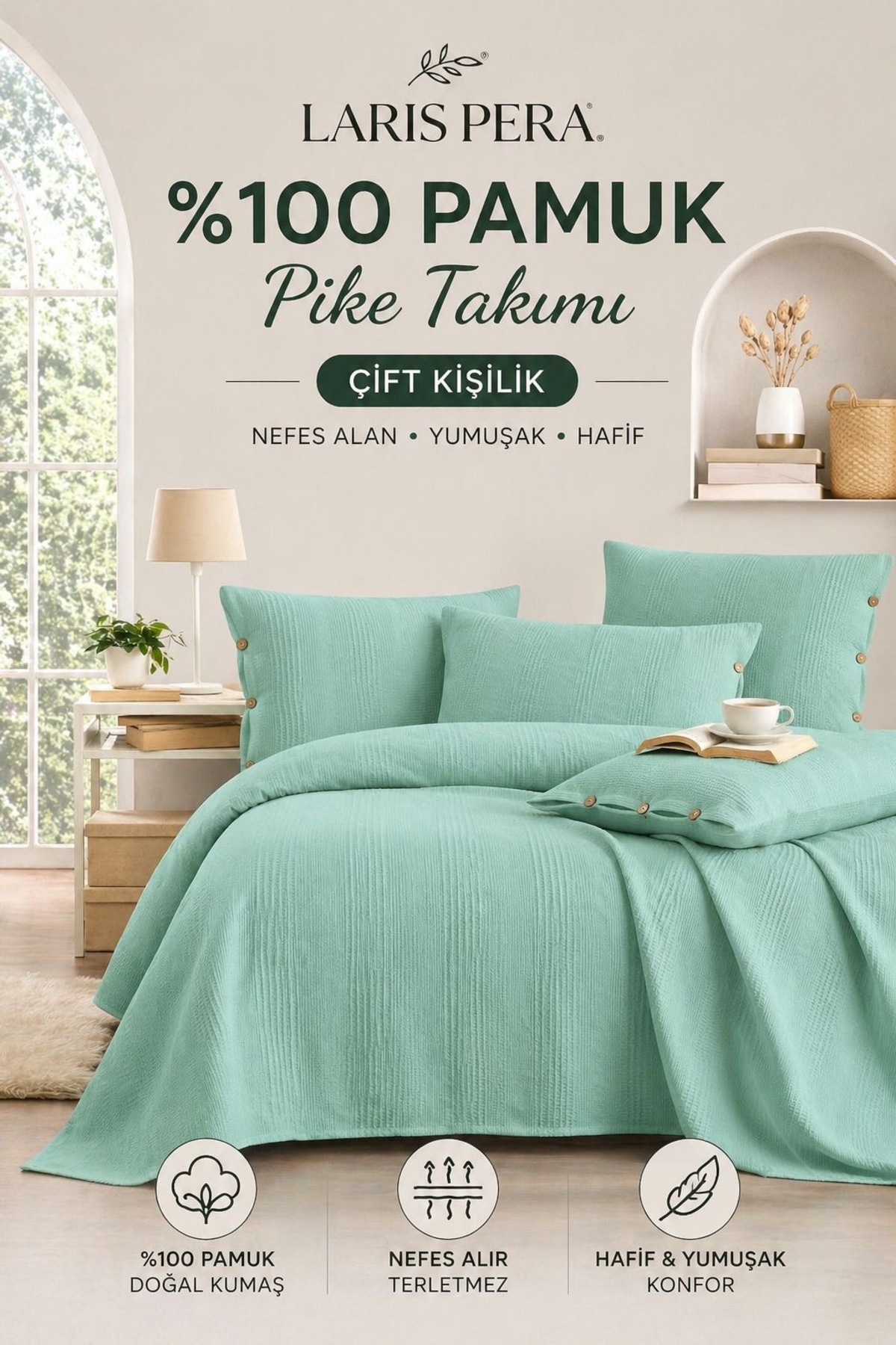 100% Cotton Double QUILTING Bedspread Set Border + Pillow Sham with 2 Buttons (50x70) Green