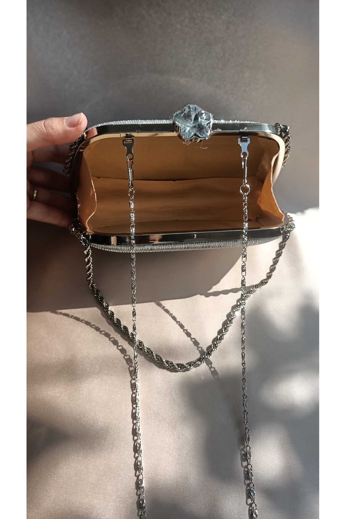 Gül Karatekin Kadın Gümüş Simli Burgu Zincirli Portföy Özel Gün Düğün Nişan Clutch Abiye Çanta görsel 5