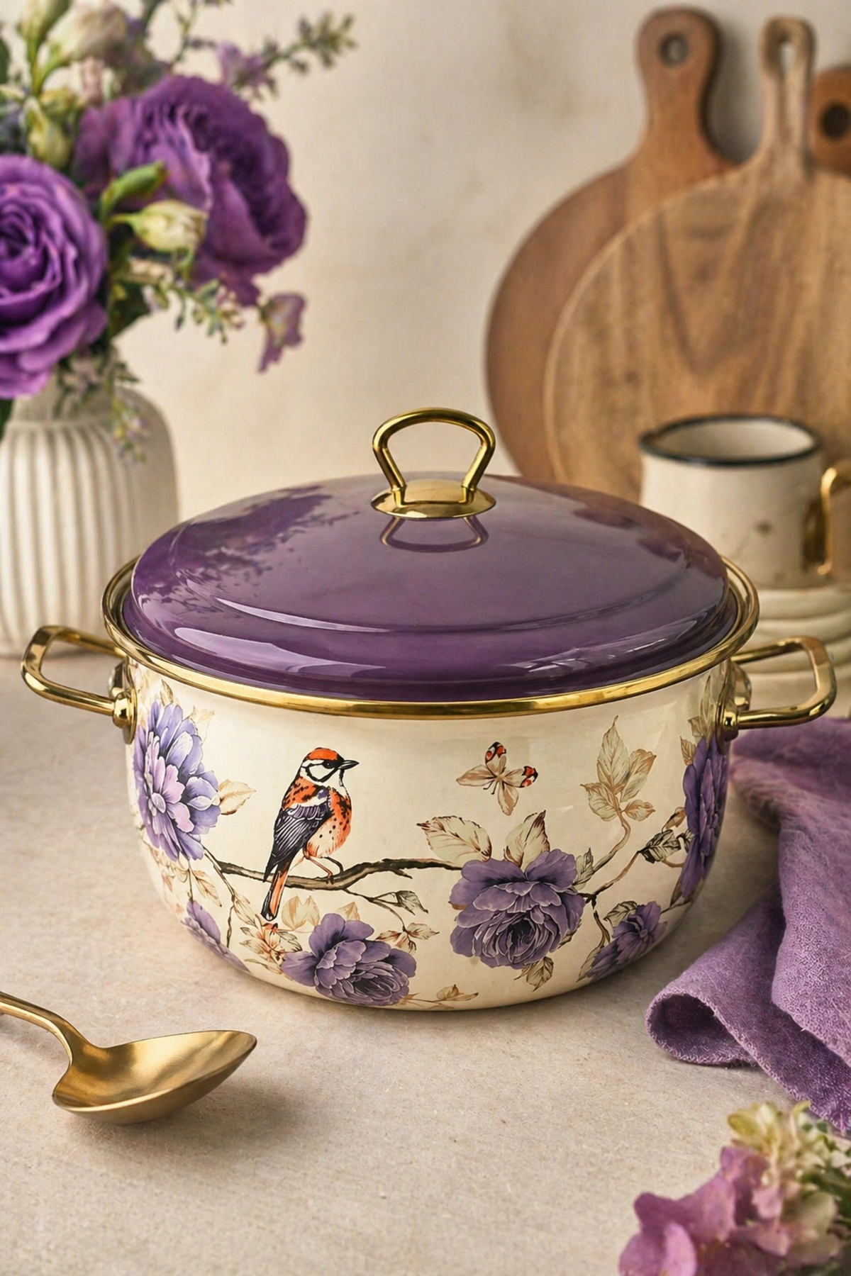 Fiorella Deeply Curved Enamel Pot 24 cm