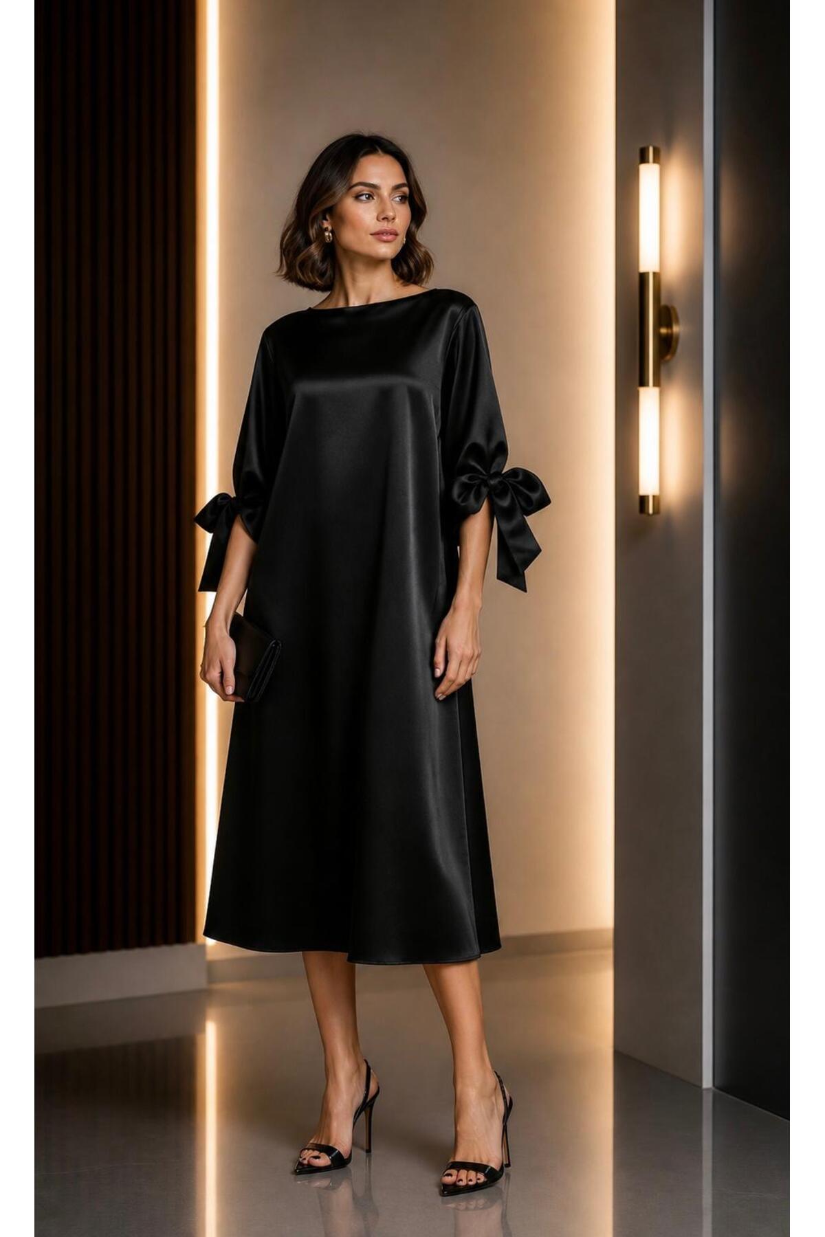 Satin Oversize Midi Dress with Sleeve Tie Detail