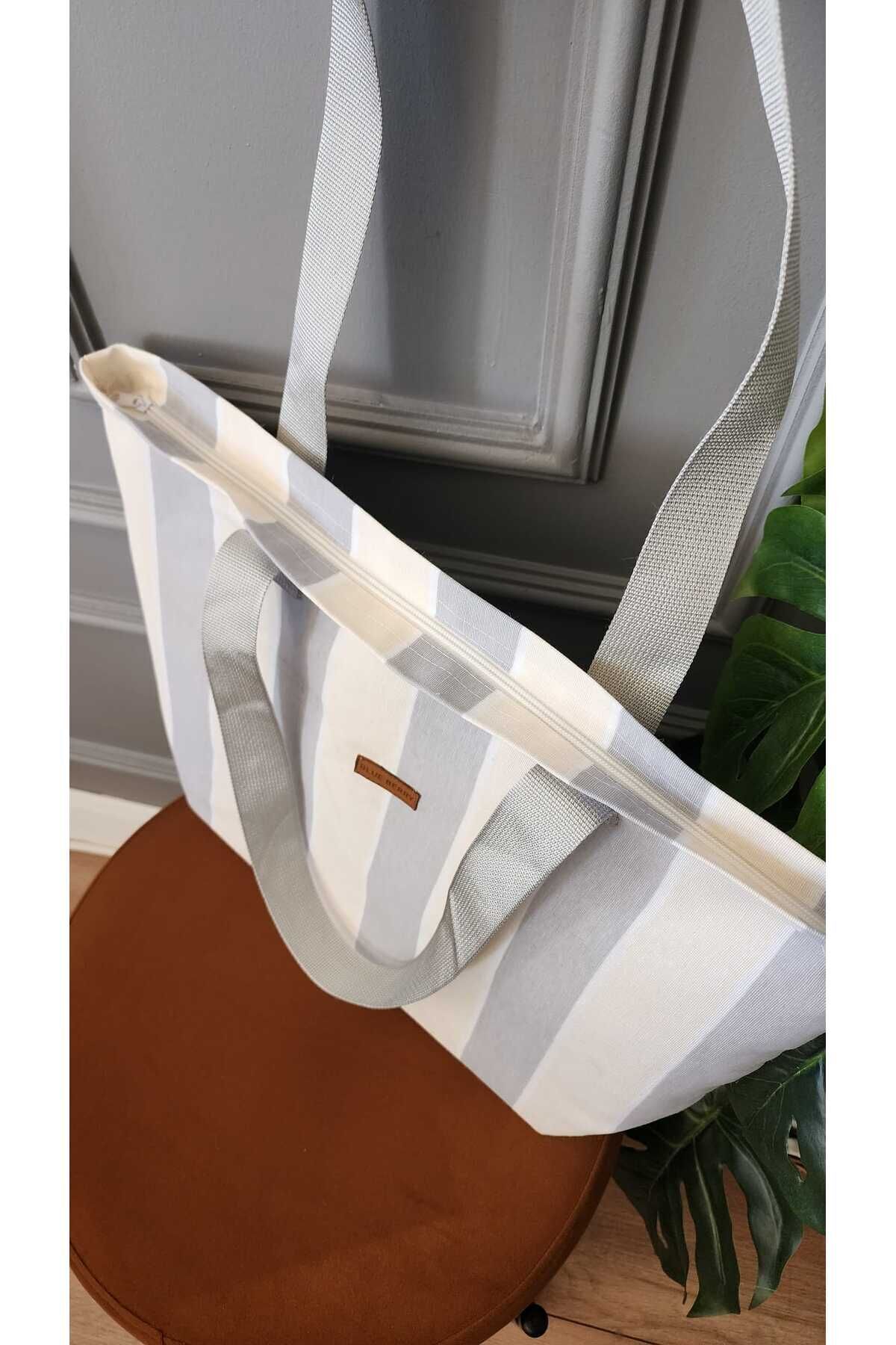 ALTINPAMUK Twill Çok Amaçlı Çanta Kumaş Omuz Plaj Çantası El Çantası Gri Krem görsel 4
