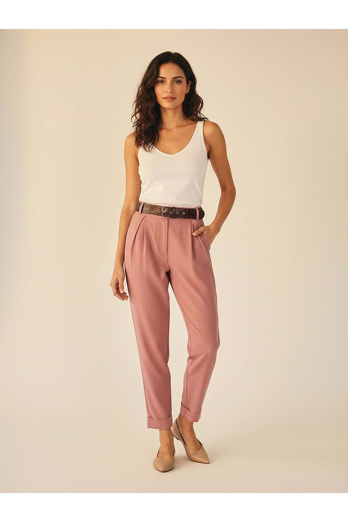 Women's Pink High Waist Trousers – Refine Fit | Flexible Weave | City Elegance | Four Seasons