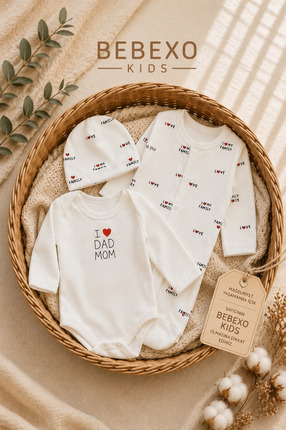 BEBEXO KIDS Unisex I Love Family & I Love Dad Mom Bebek Tulum Zıbın Şapka Set...